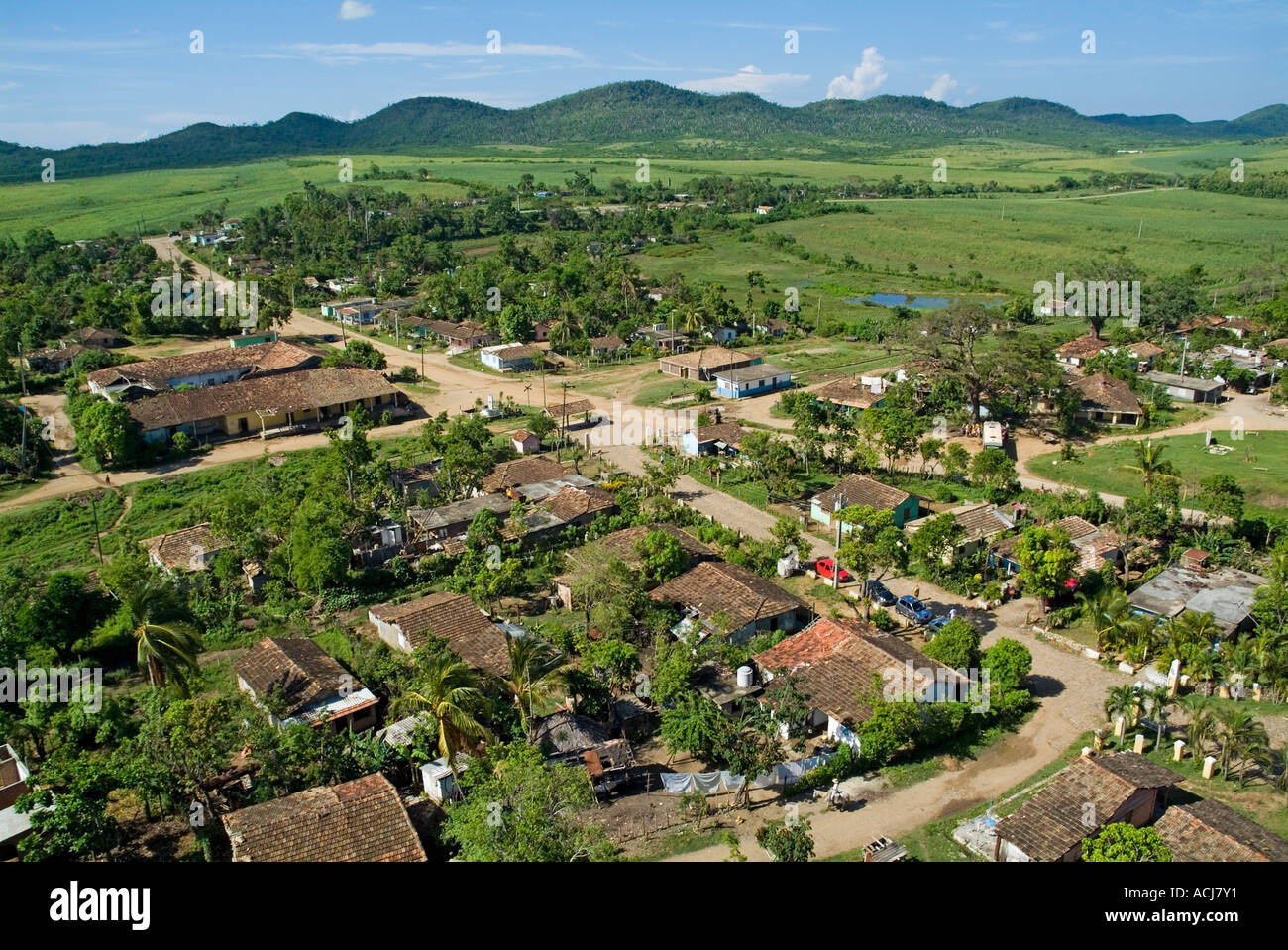 Former sugar cane plantation Manaca-Iznaga estate with the Escambray Sierra in the distance, Valle De Los Ingenios, Cuba. Stock Photo