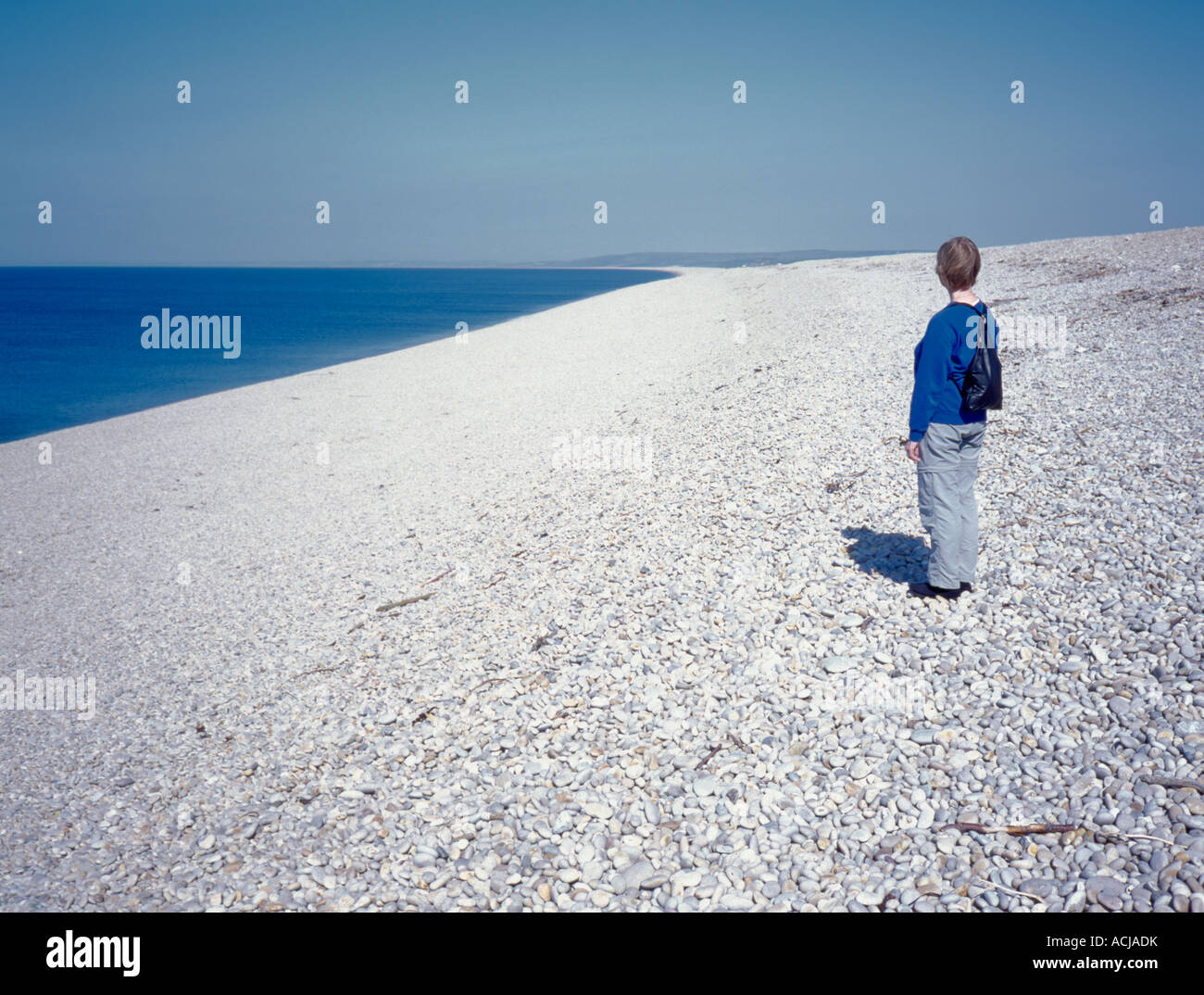 Looking at Chesil Beach, view north west at Chiswell, Portland, Dorset, England, UK. Stock Photo