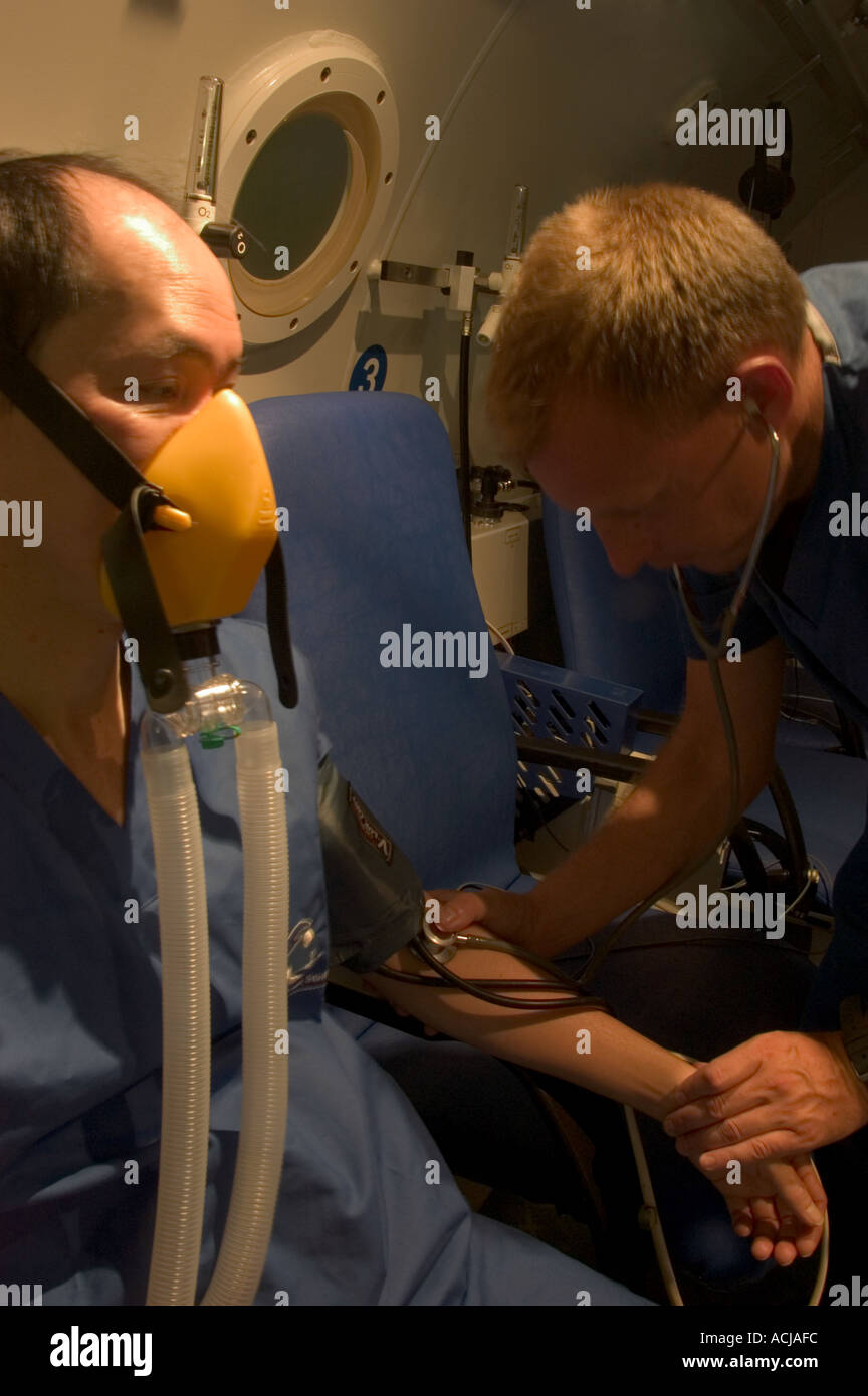 Patient undergoes hyperbaric oxygen treatment in chamber