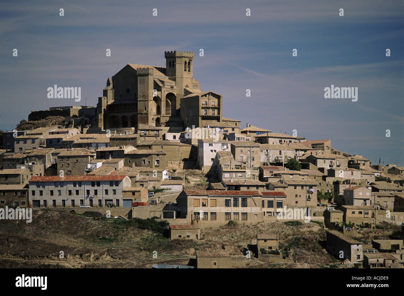 Fortified church and village Ujue Navarra Spain Europe Stock Photo