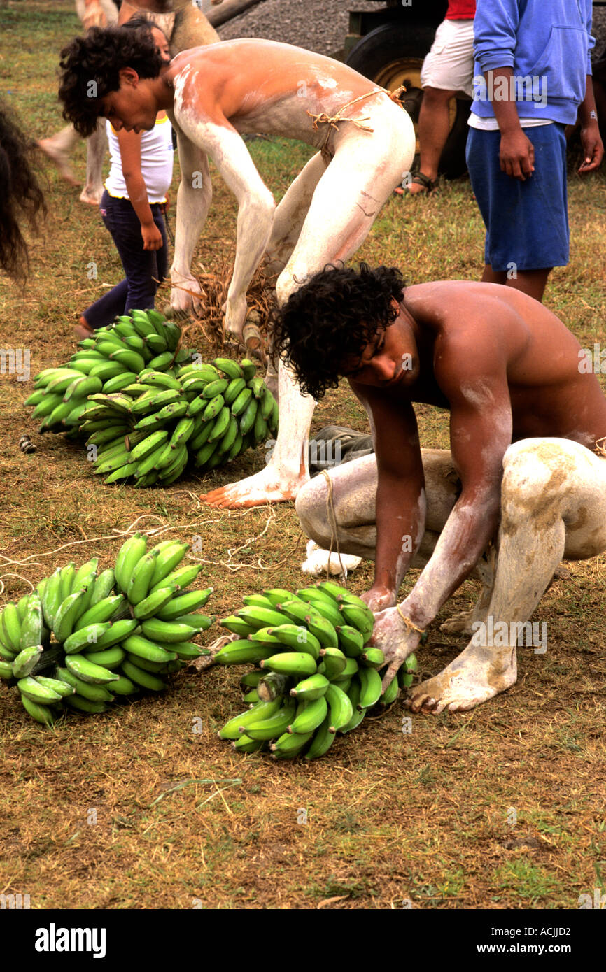Native preparing to compete in banana race Easter Island during Tapati Festival Rapa Nui Stock