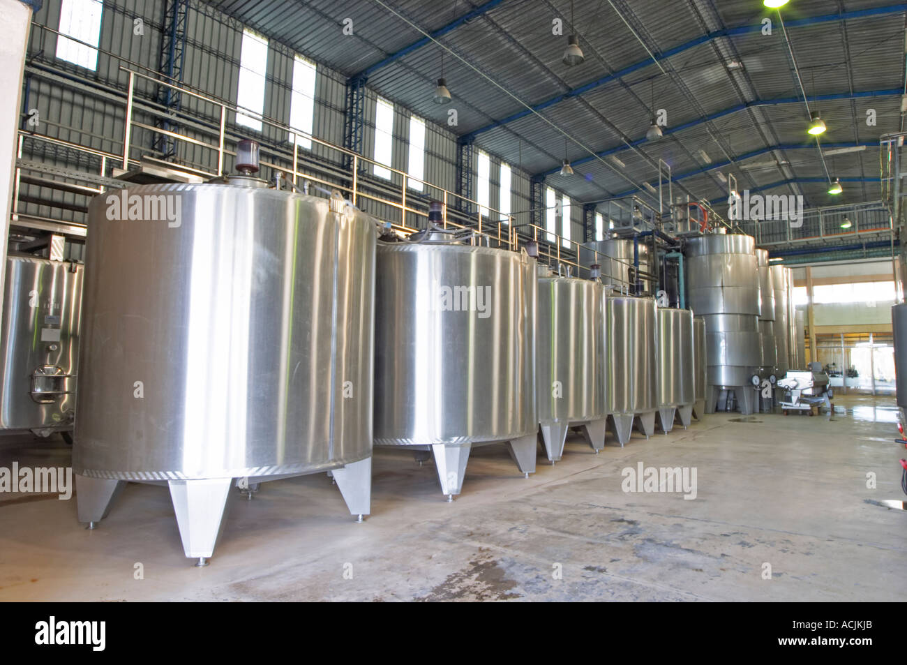 The vat hall with big stainless steel tanks for fermentation. Vinedos y Bodega Filgueira Winery, Cuchilla Verde, Canelones, Montevideo, Uruguay, South America Stock Photo