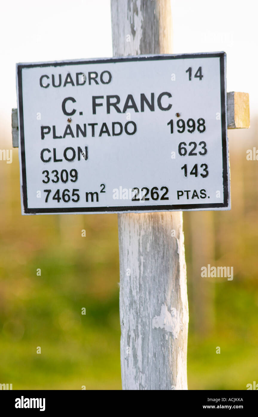 A sign saying that this plot is planted with Cabernet Franc. Vinedos y Bodega Filgueira Winery, Cuchilla Verde, Canelones, Montevideo, Uruguay, South America Stock Photo
