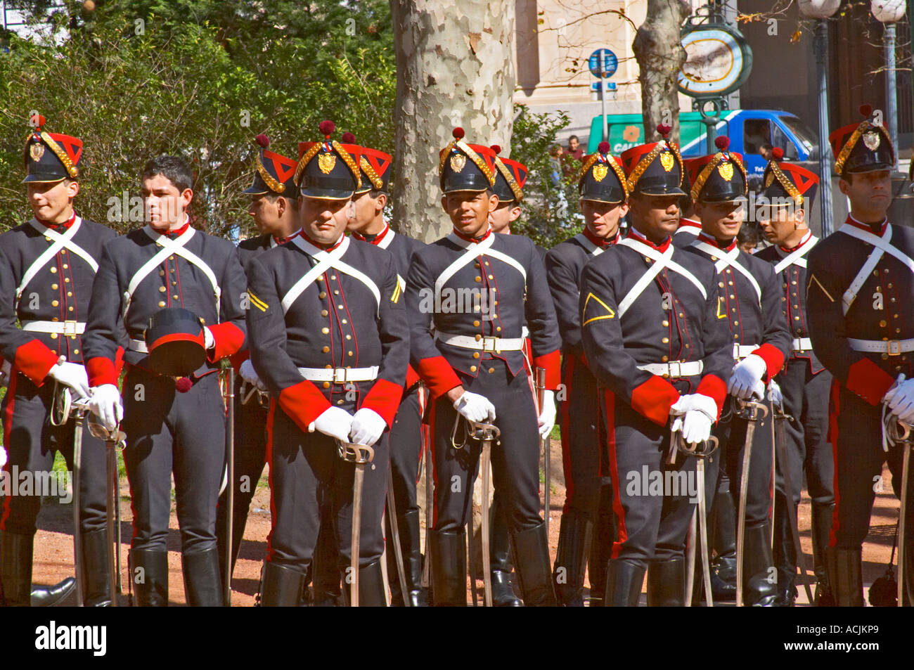 A military parade on the Plaza Constitucion Constitution Square dressed in  old style uniforms and carrying sabres. In front of the Iglesia Matriz  Church Montevideo, Uruguay, South America Stock Photo - Alamy