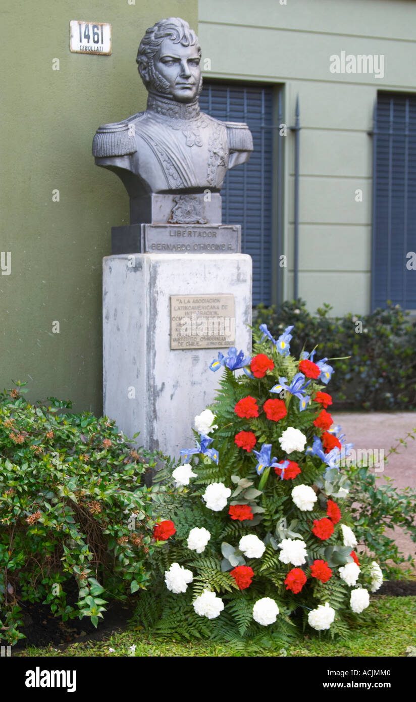 Statue bust in front of a military building close to Carlos Morales Street depicting liberator Bernardo O'Higgins Riquelme, 1778-1842, independent leader and first head of state of Chile Montevideo, Uruguay, South America Stock Photo