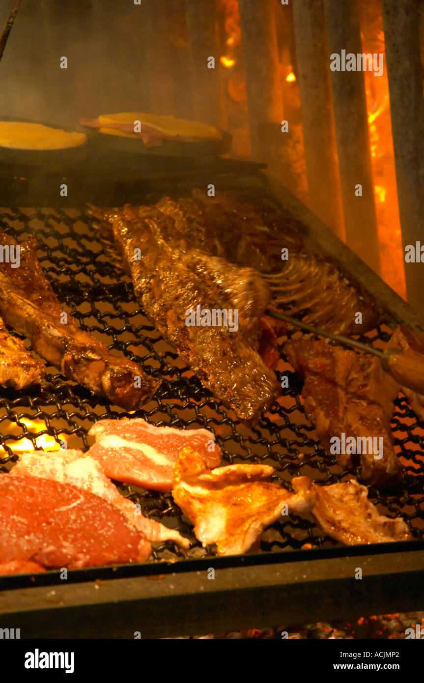 The gigantic huge charcoal grill with pieces of meat being cooked, in