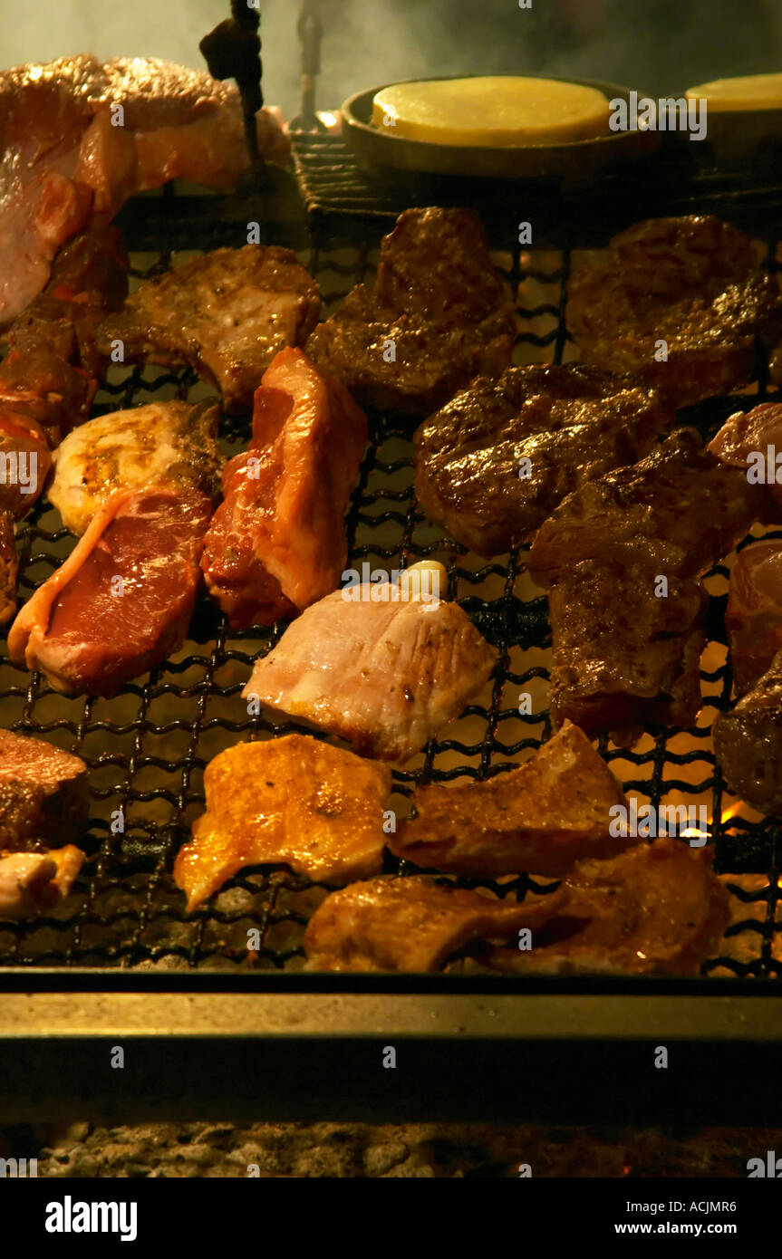 The gigantic huge charcoal grill with pieces of meat being cooked,, in