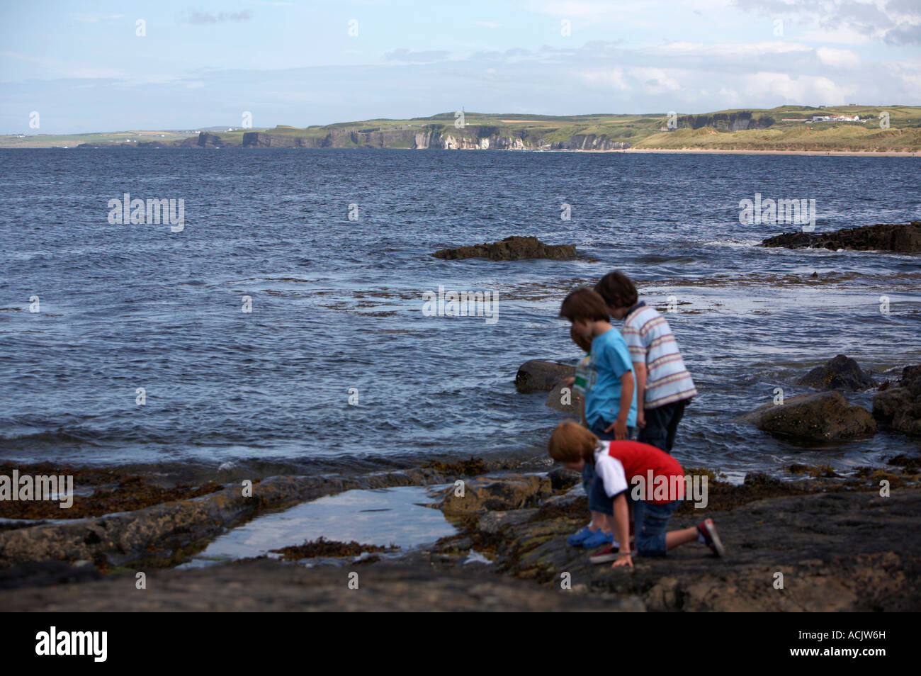 group of four young boys looking into a rock pool on rockly shoreline in portrush northern ireland Stock Photo