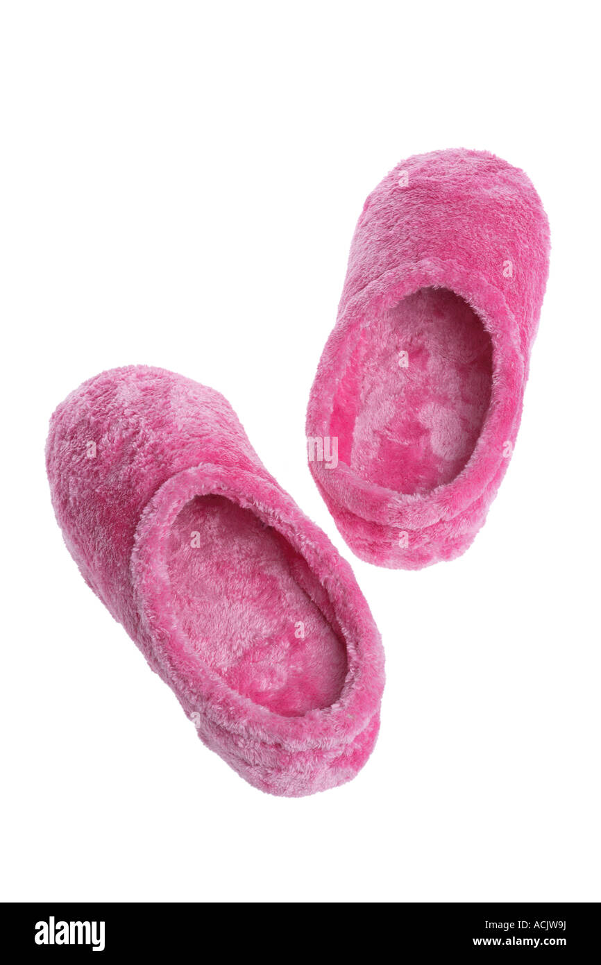 Fuzzy Pink Slippers cut out on white background Stock Photo - Alamy