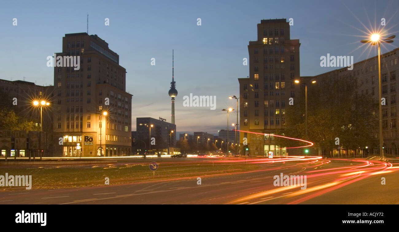 Berlin TV Tower taken from Karl Marx Allee at Sunset Stock Photo