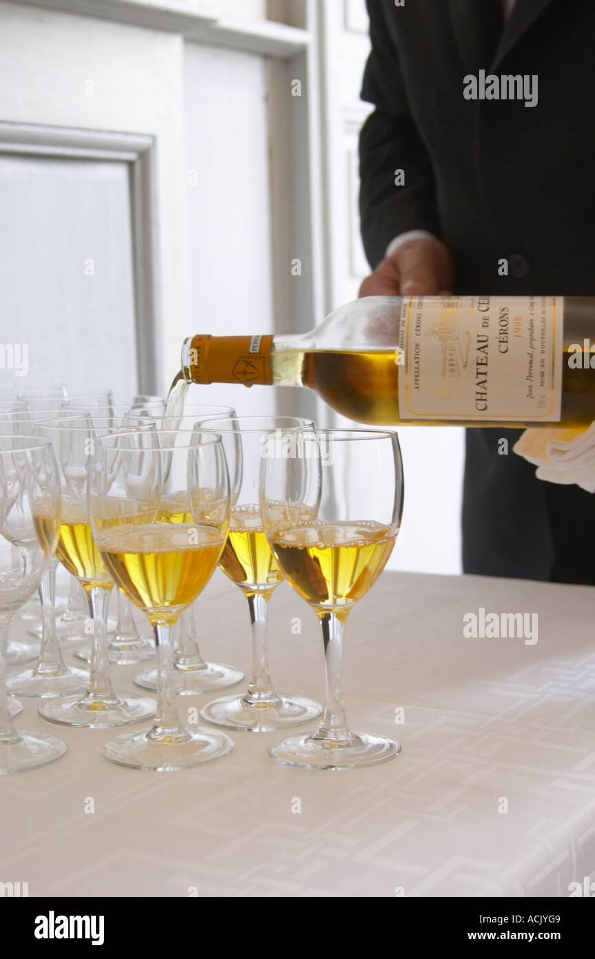 Aperitif served in the entrance hall, a glass golden yellow of Chateau de Cerons poured in a glass by a magnificent butler waiter Chateau de Cerons (Cérons) Sauternes Gironde Aquitaine France Stock Photo