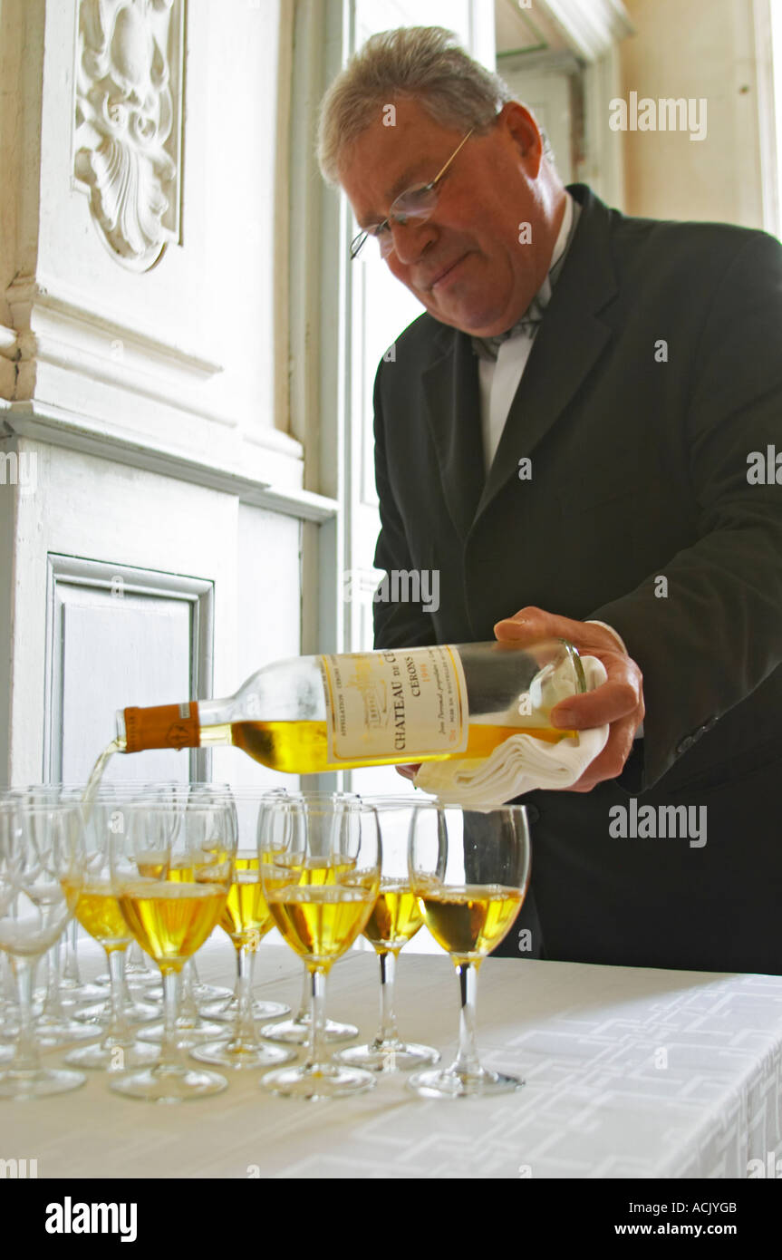 Aperitif served in the entrance hall, a glass golden yellow of Chateau de Cerons poured in a glass by a magnificent butler waiter Chateau de Cerons (Cérons) Sauternes Gironde Aquitaine France Stock Photo