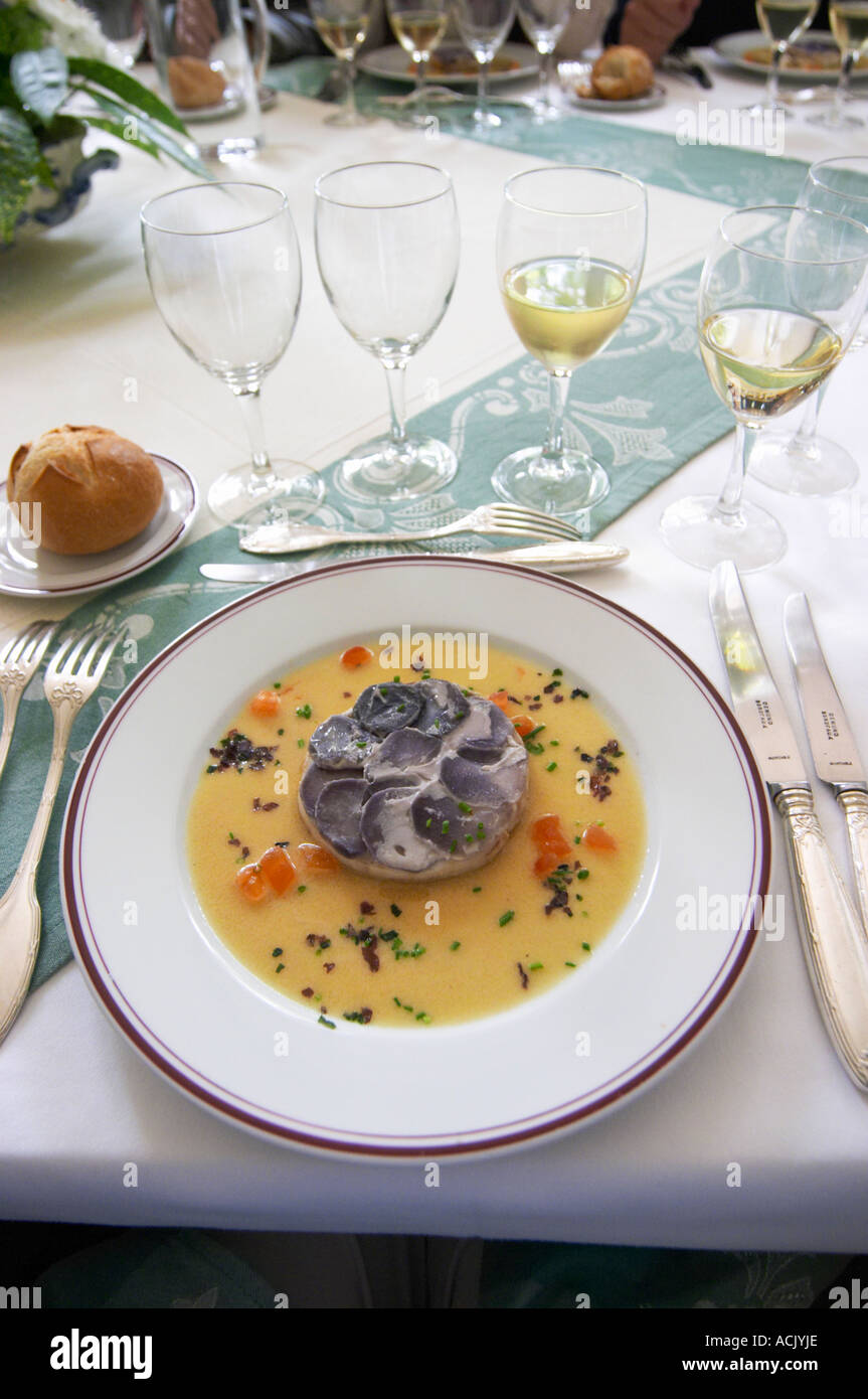 Round timbal with pikeperch fish covered with 'scales' of blue coloured potatoes in thin slices served with a beurre blanc butter sauce Chateau de Cerons (Cérons) Sauternes Gironde Aquitaine France Stock Photo