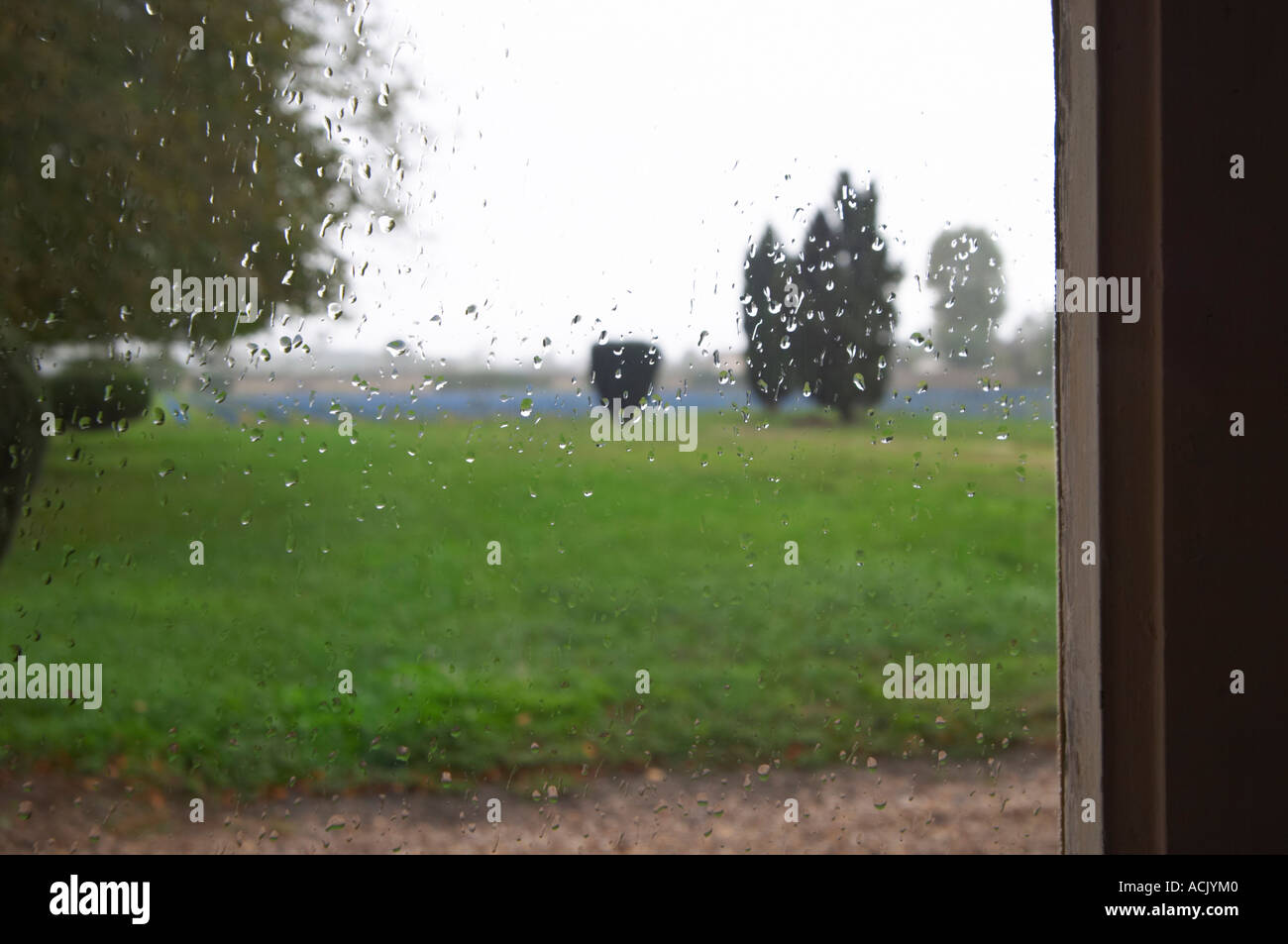 A view through a window over the park garden vineyard, rain drops on the window in focus the garden out of focus. Chateau de Cerons (Cérons) Sauternes Gironde Aquitaine France Stock Photo