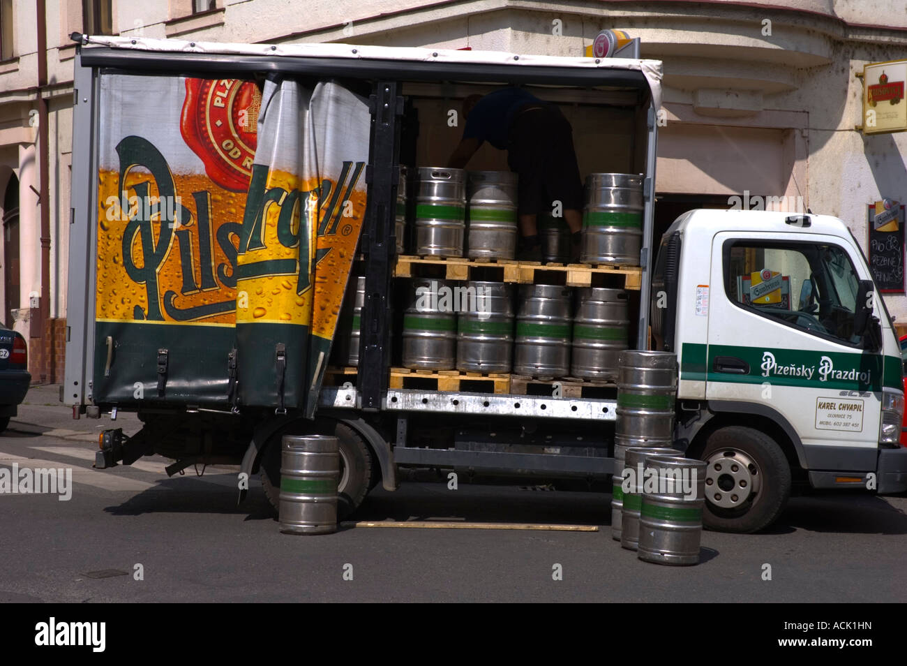 Beer delivery van in front of a bar in Nusle district Prague Czech