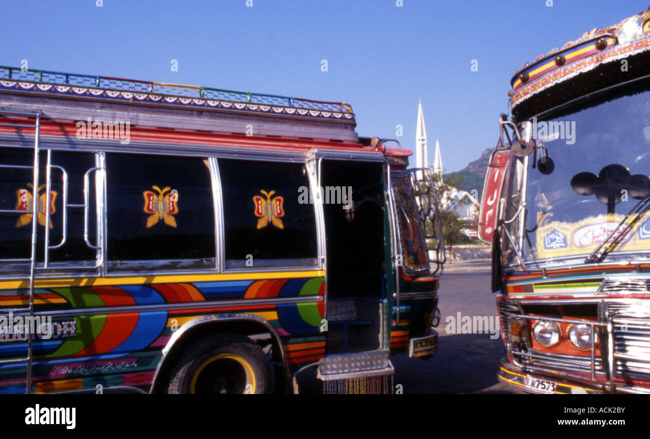 Motor coaches waiting outside Shah Faisal Mosque Islamabad Stock Photo