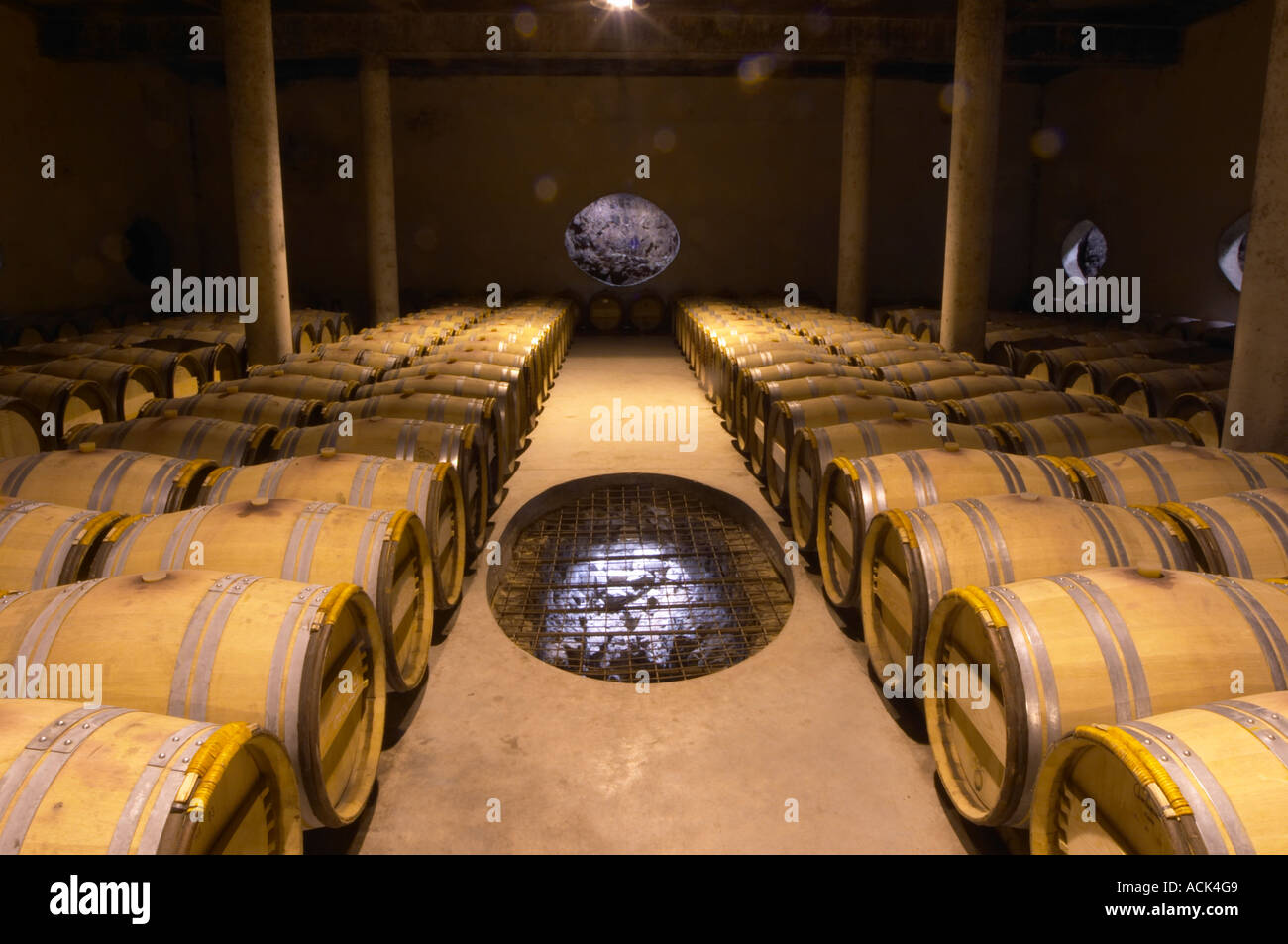 The barrel aging cellar, with a hole in the wall and a hole in the