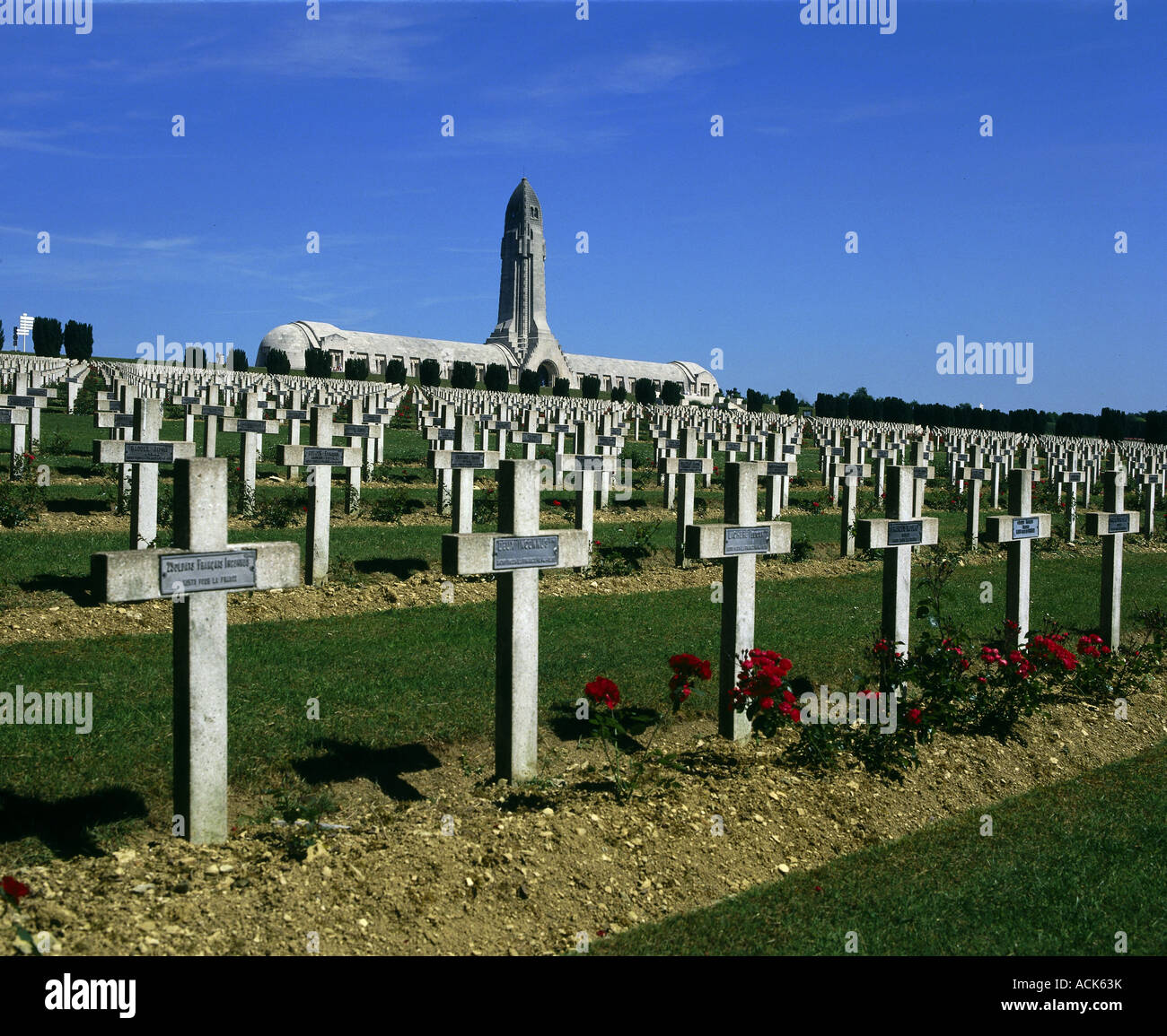 geography / travel, France, Verdun, National cemetery of honour, light house, graves, ossuary of Douaumont, L`Ossuaire de Douaum Stock Photo