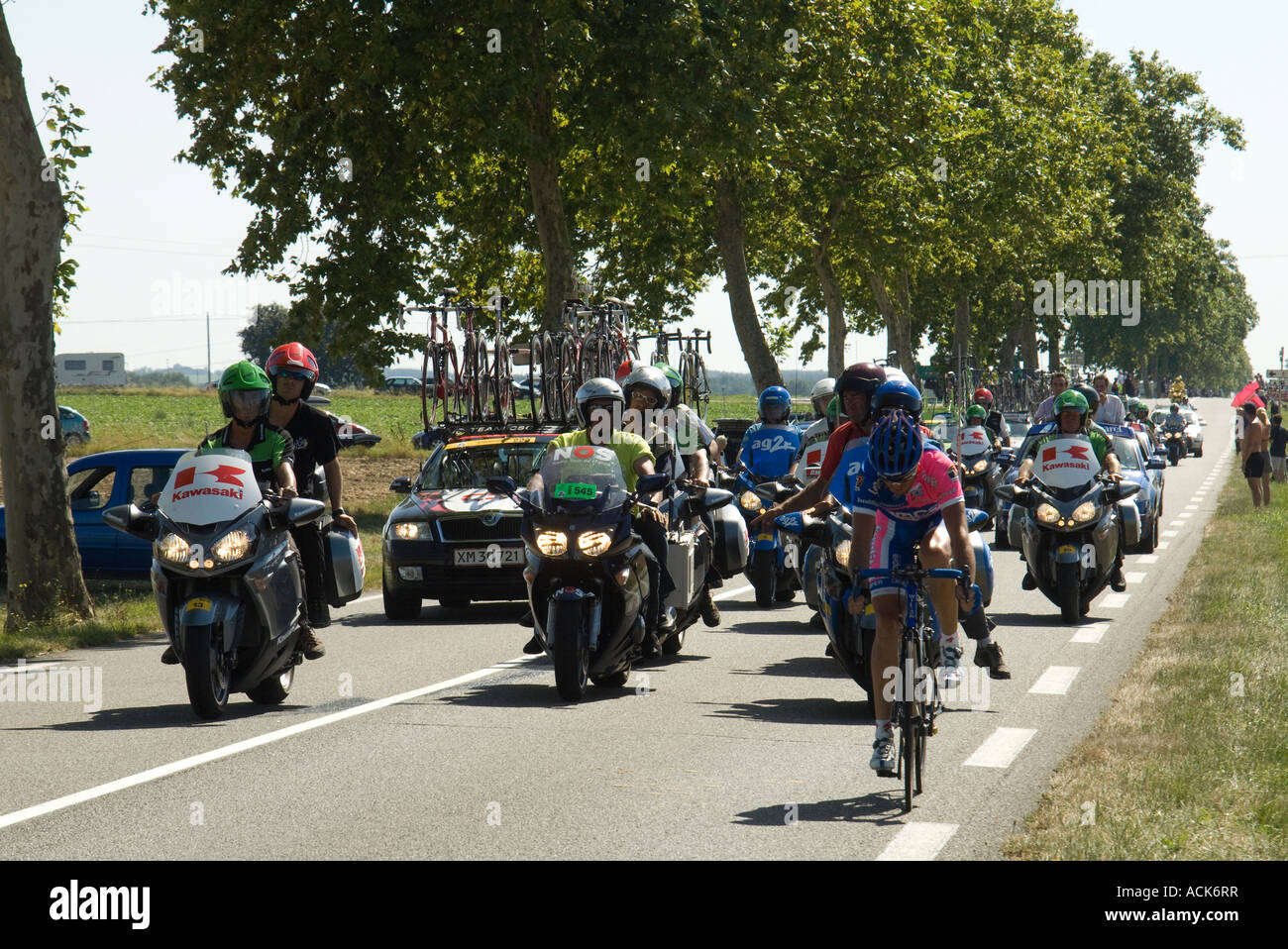 France. Southwest. Le Tour de France cycling race passes on a country road near Castelsarrasin . Stock Photo