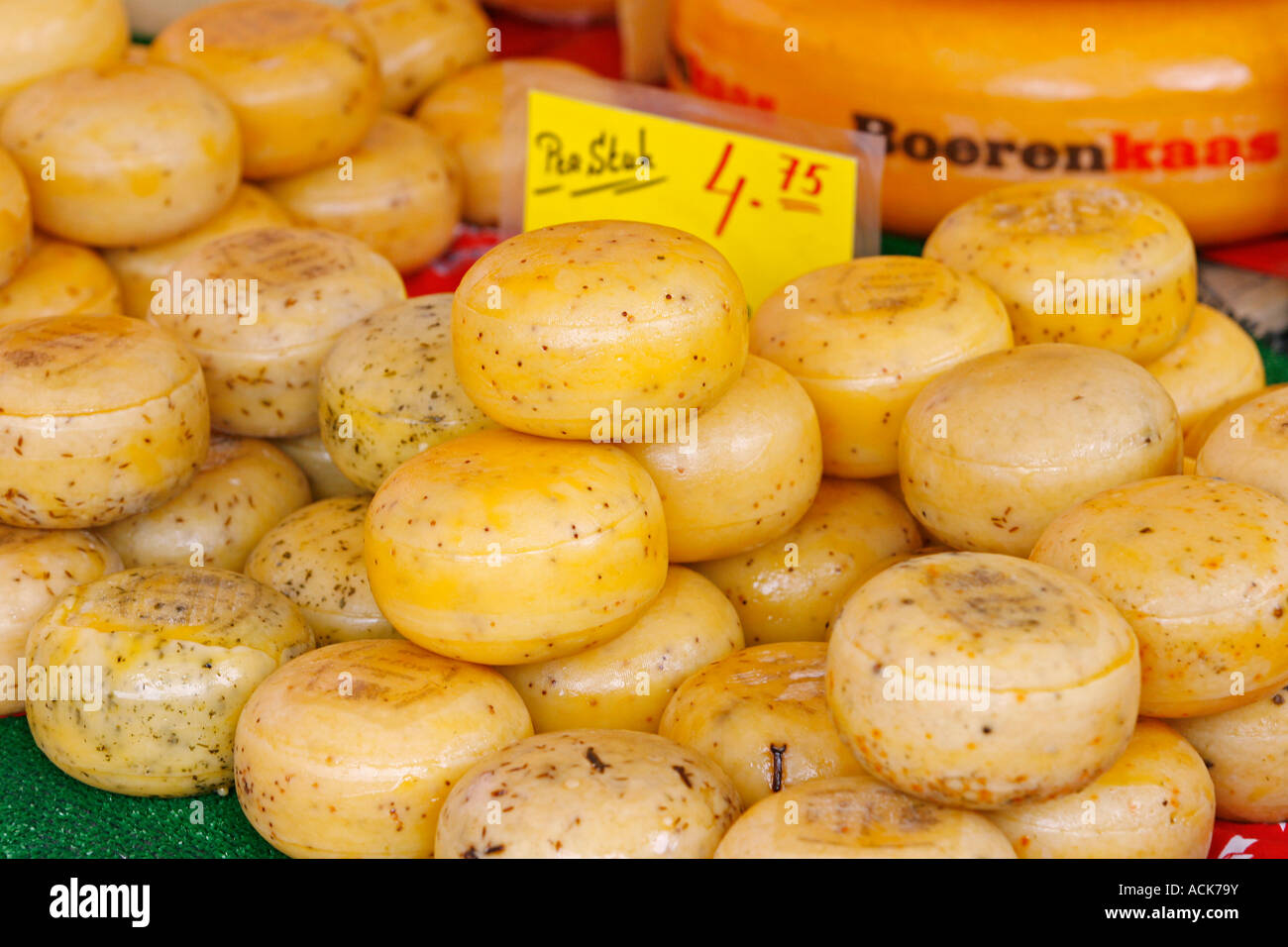 Gouda cheese for sale on a market stall Gouda Netherlands Europe Stock