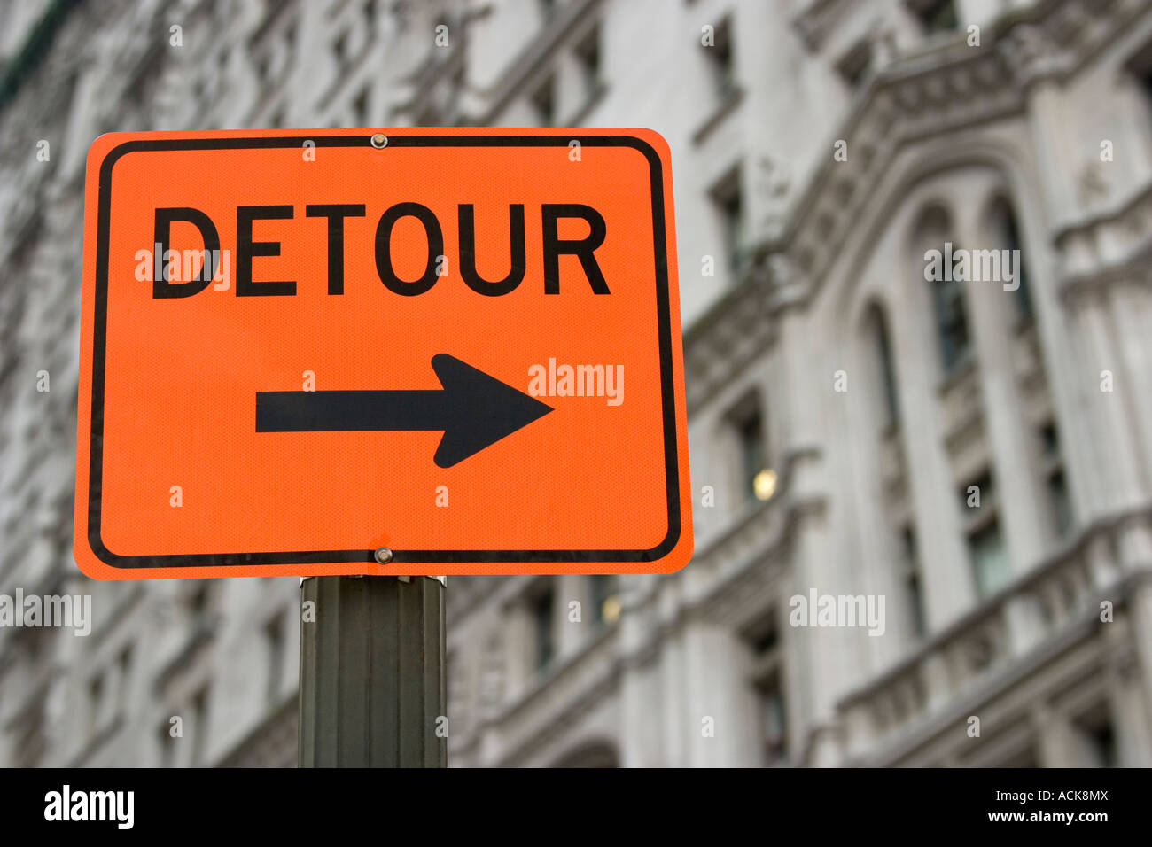 Urban DETOUR sign with arrow pointing right Stock Photo