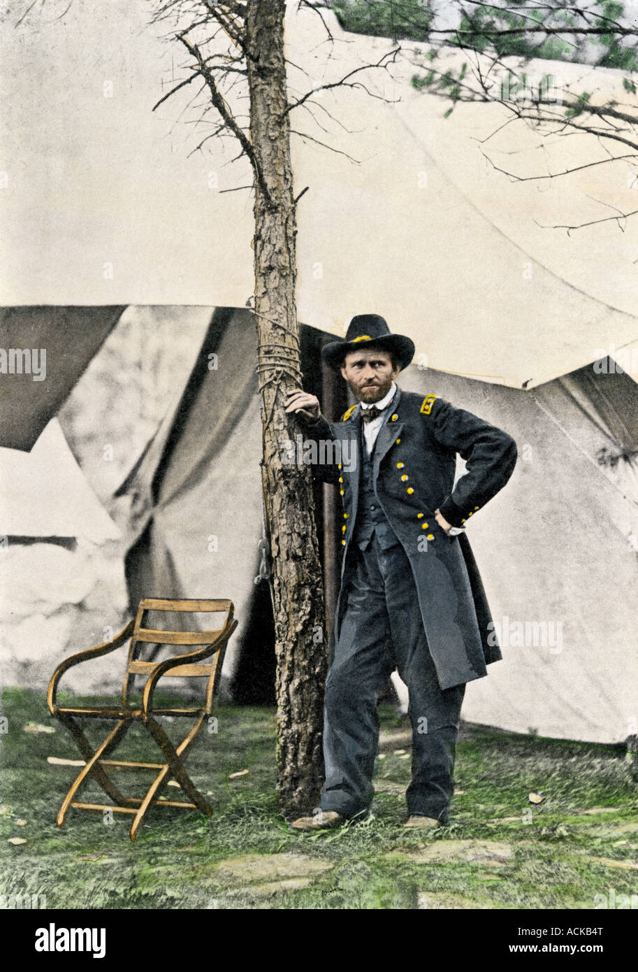 General Ulysses S Grant at his headquarters after the Battle of Cold Harbor 1864. Hand-colored halftone of a Mathew Brady photograph Stock Photo
