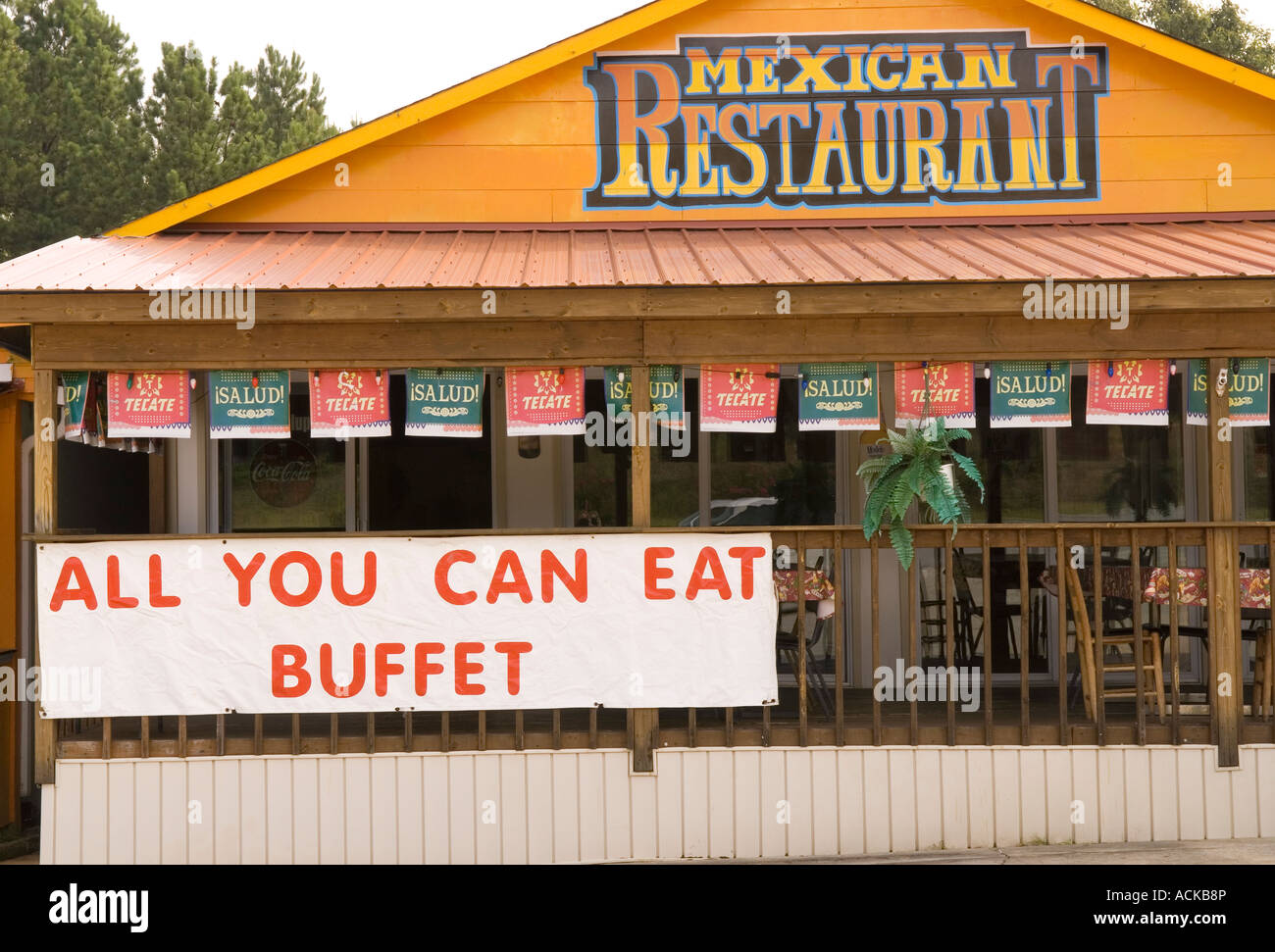 All You Can Eat Buffet Sign Mexican Restaurant, USA. Diet and Nutrition Concept Stock Photo
