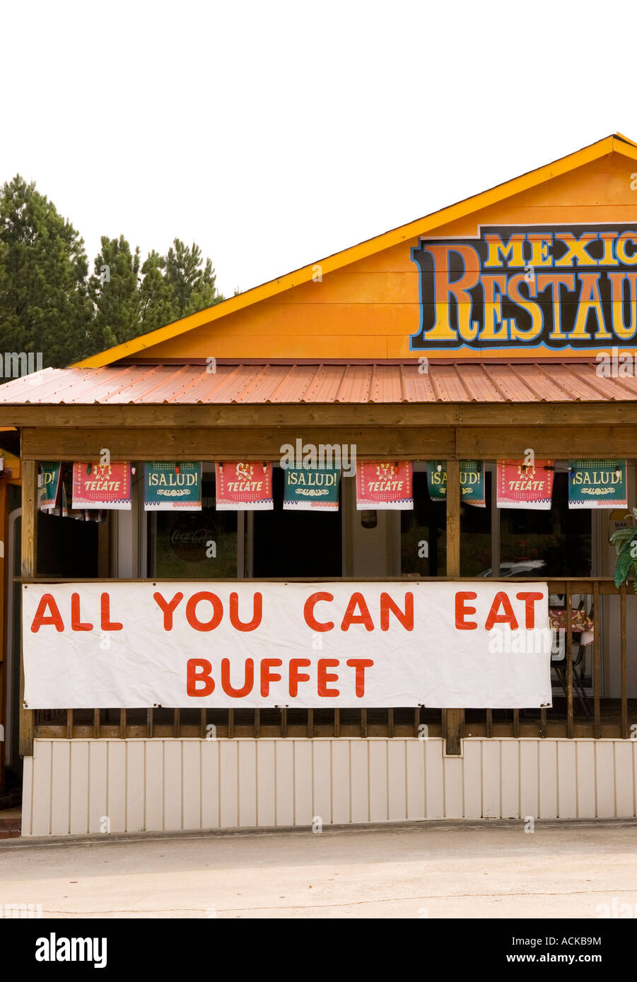 All You Can Eat Buffet Sign Mexican Restaurant USA. Diet and Nutrition Concept Stock Photo