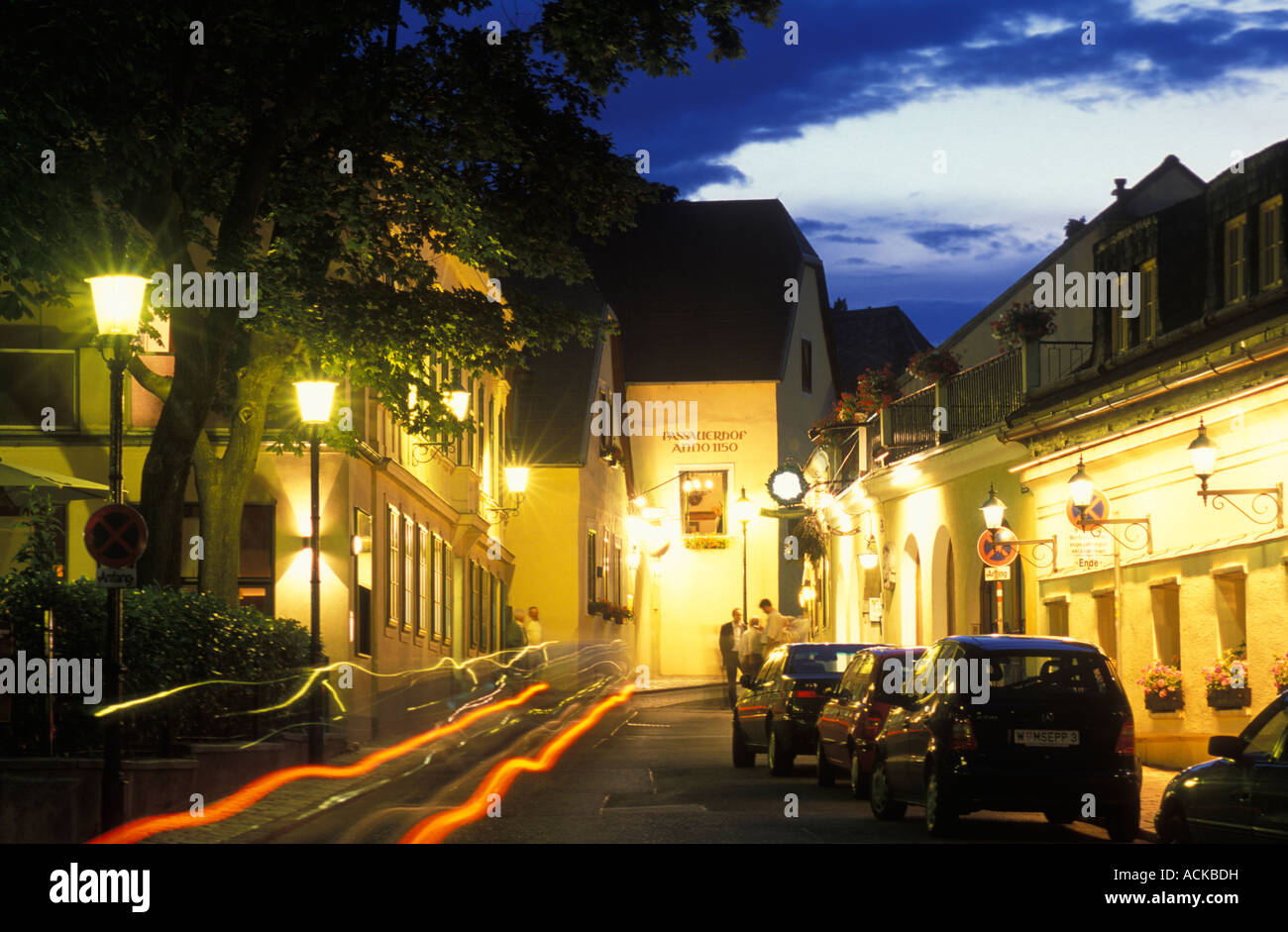 Restaurants and wine bars at night in Grinzing Vienna Austria Stock