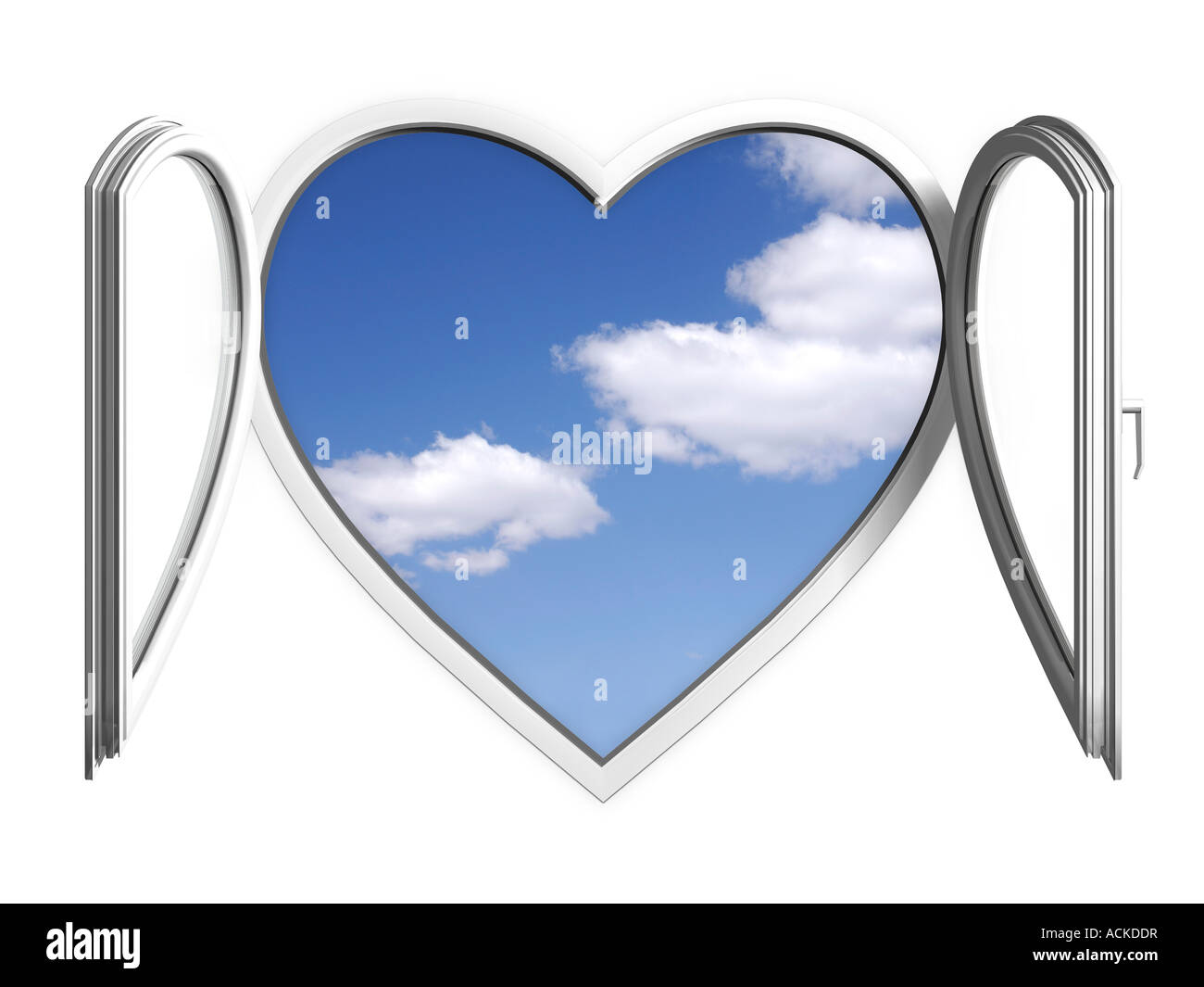 Open white heart shaped PVC window Home renovation Interior design Conceptual illustration Stock Photo