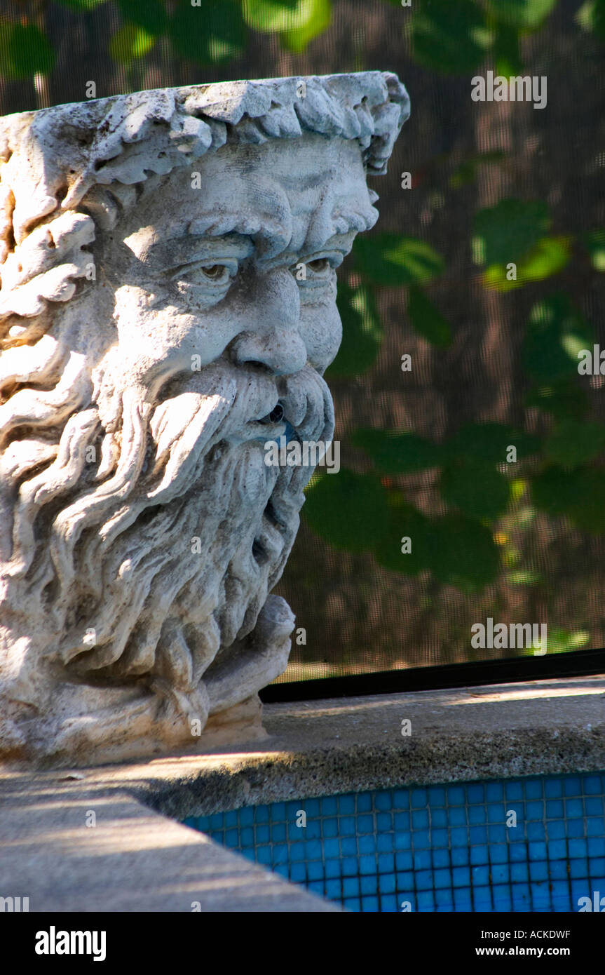 A pool side decoration, a sculpture of a man's face with a profusion of hair and beard and moustache, in afternoon warm sunshine in Provence Clos des Iles Le Brusc Six Fours Cote d’Azur Var France Stock Photo