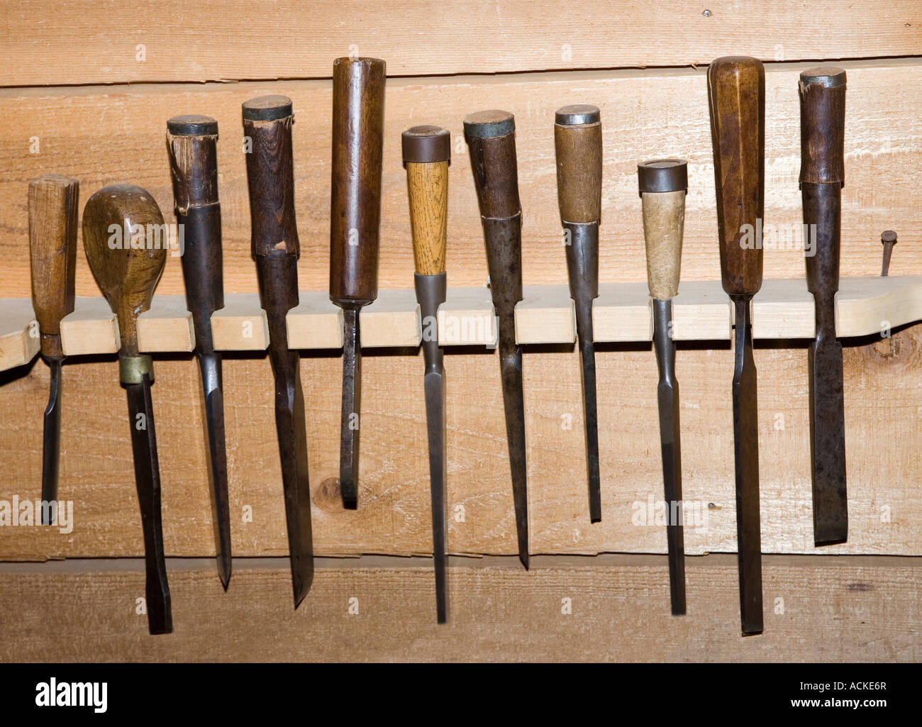 Traditional old woodworking tools chisels in rack Canada Stock Photo - Alamy