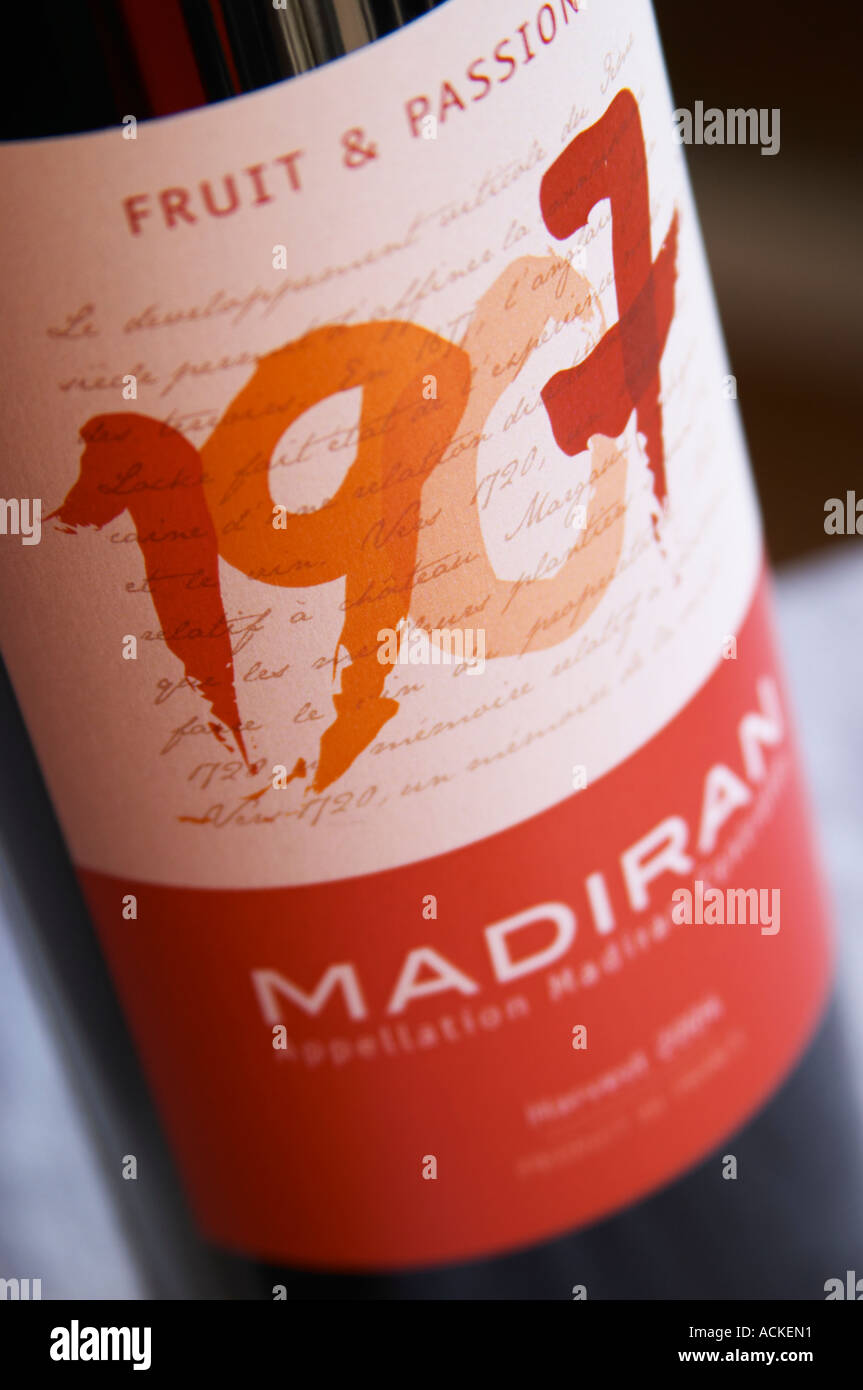 Bottle of 1907 Madiran Fruit and Passion detail of label Madiran France Stock Photo