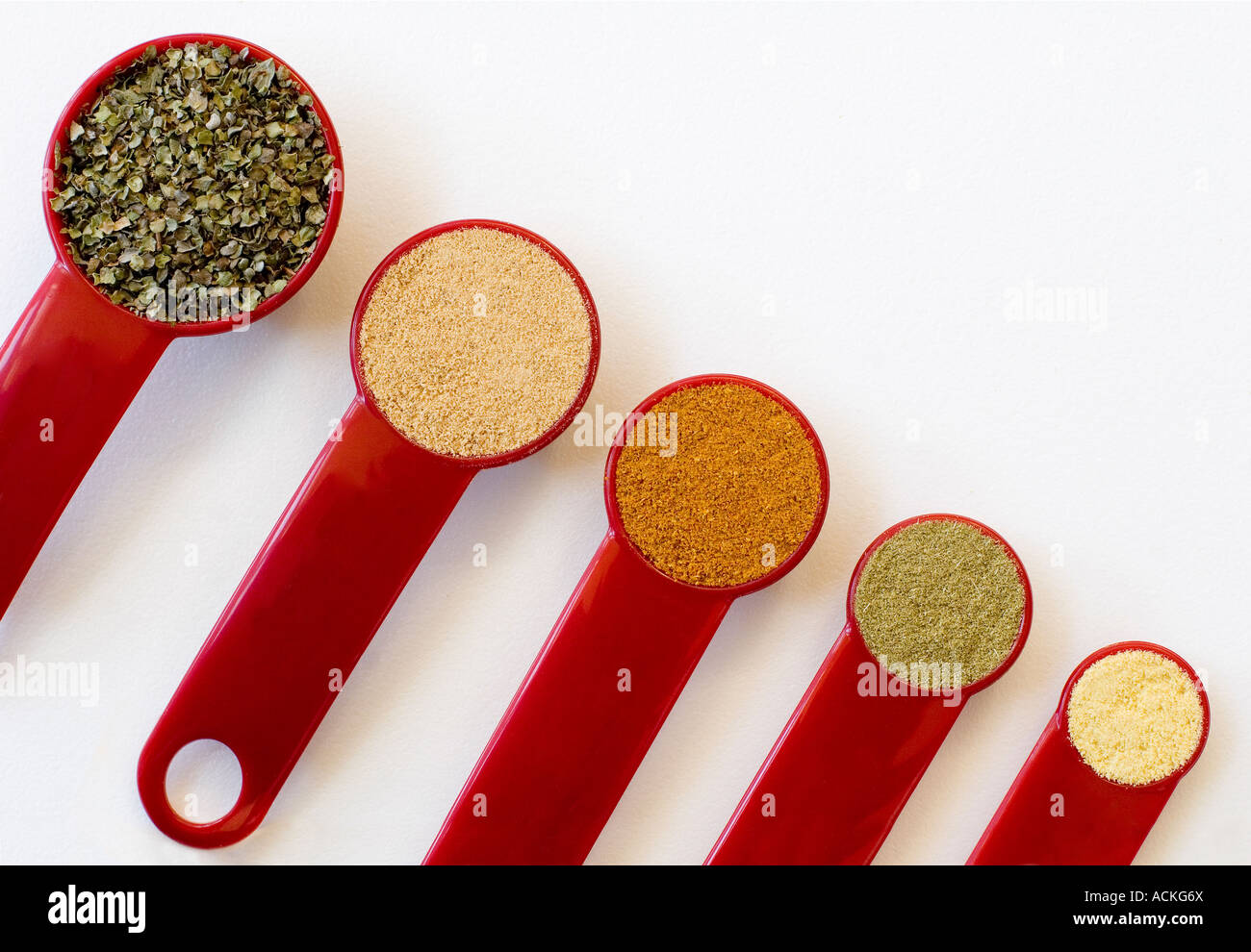 Five red measuring spoons from a tablespoon to a quarter teaspoon