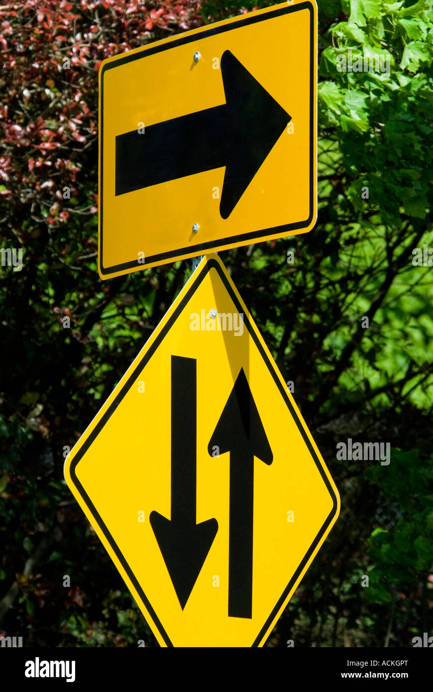 Directional traffic signs on city street Woodland Washington Stock Photo