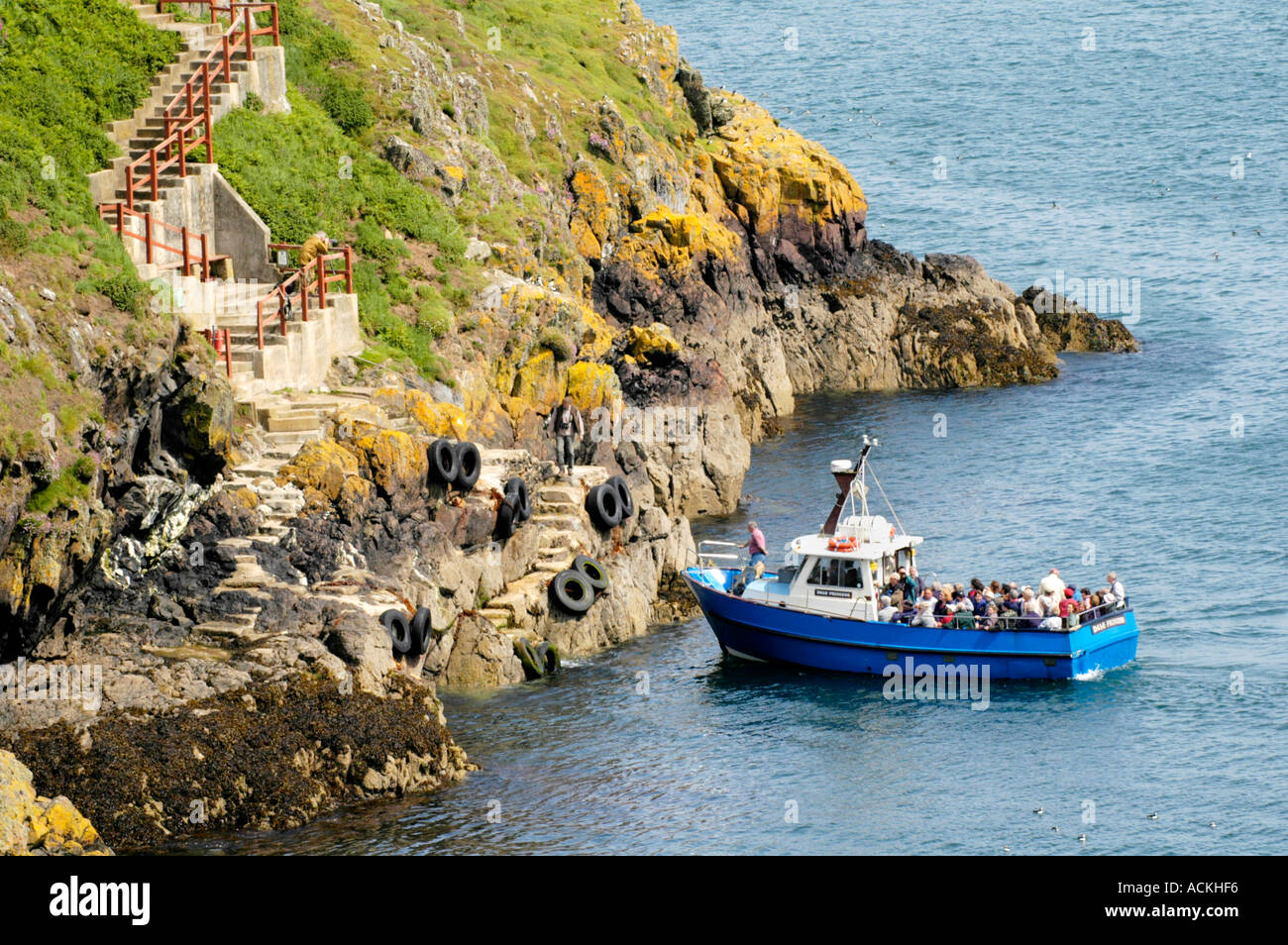 Ferry with passengers arriving at Skomer Island Pembrokeshire Wales UK Stock Photo