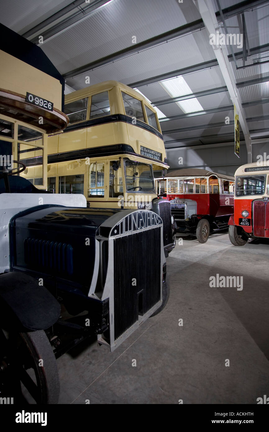 Interior of Wythall transport museum, Birmingham, with historic buses  UK Stock Photo