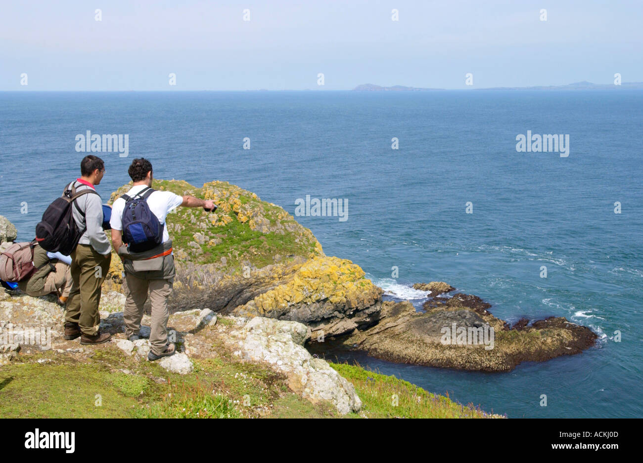 Tourists and birdwatchers on Skomer Island Pembrokeshire Wales UK Stock Photo