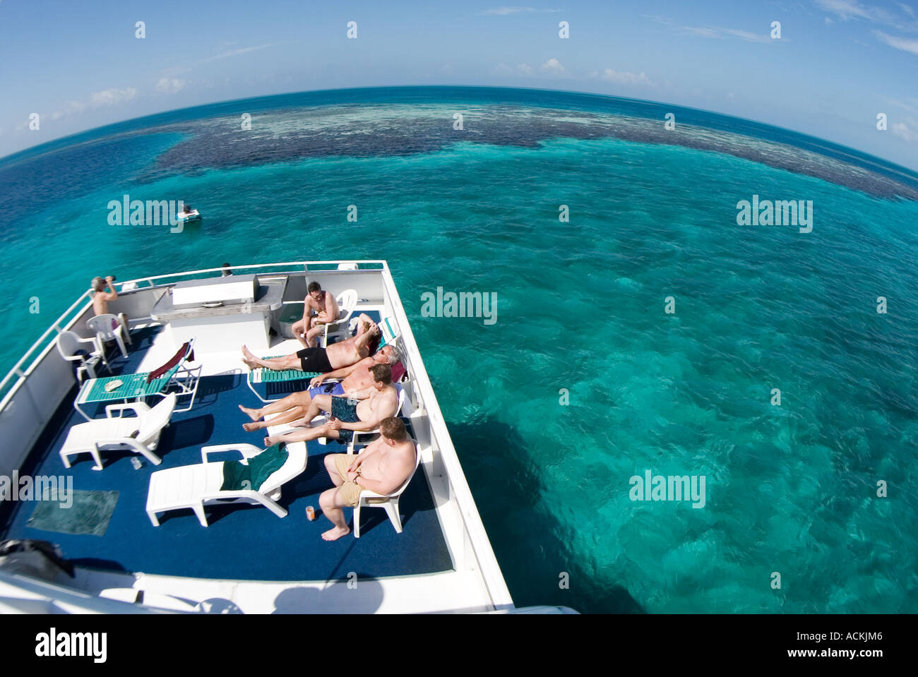 Belize Blue Hole divesite deck of liveaboard dive boat Stock Photo