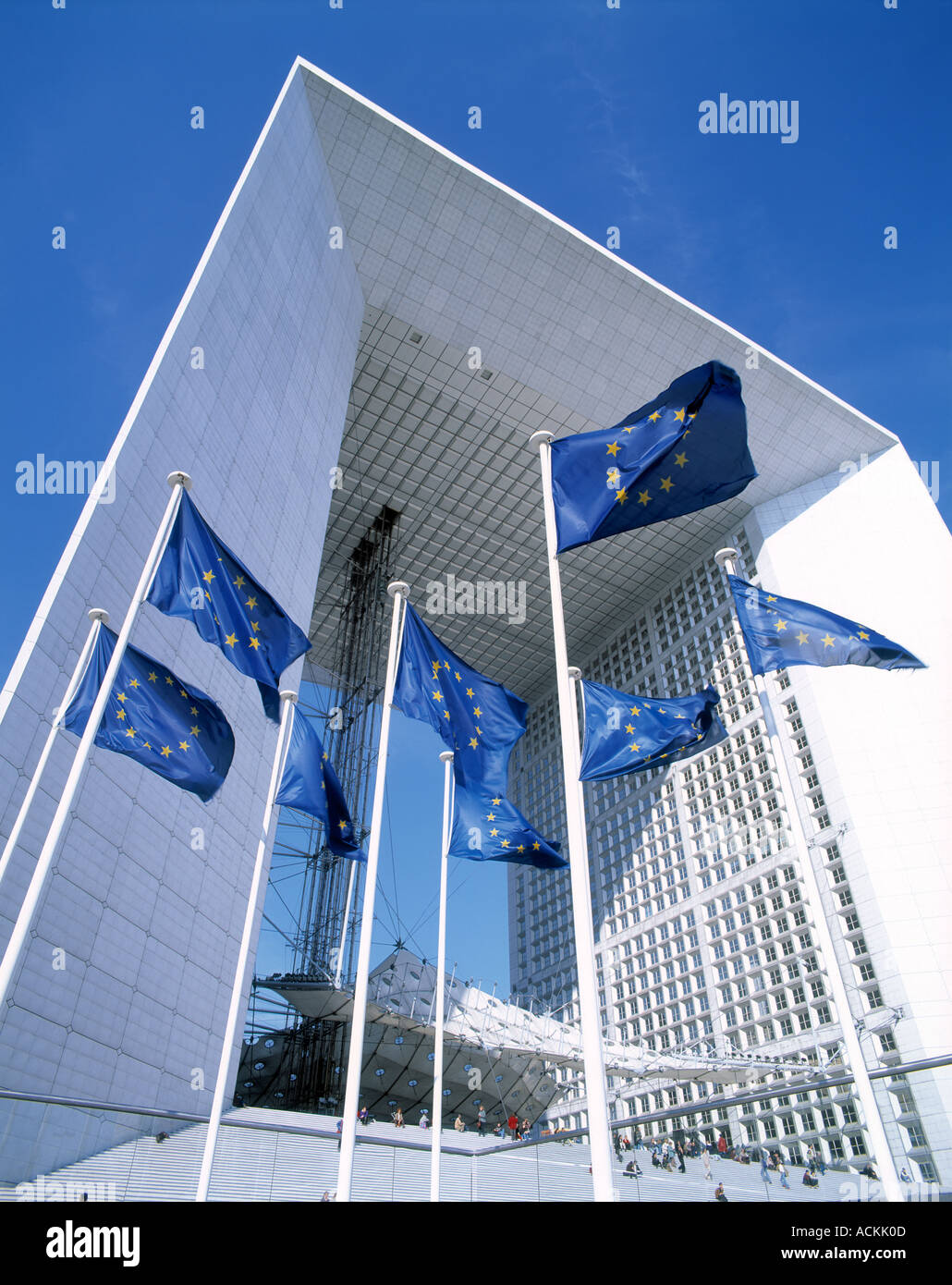 European Flags flying Grande Arche La Defense Paris Stock Photo