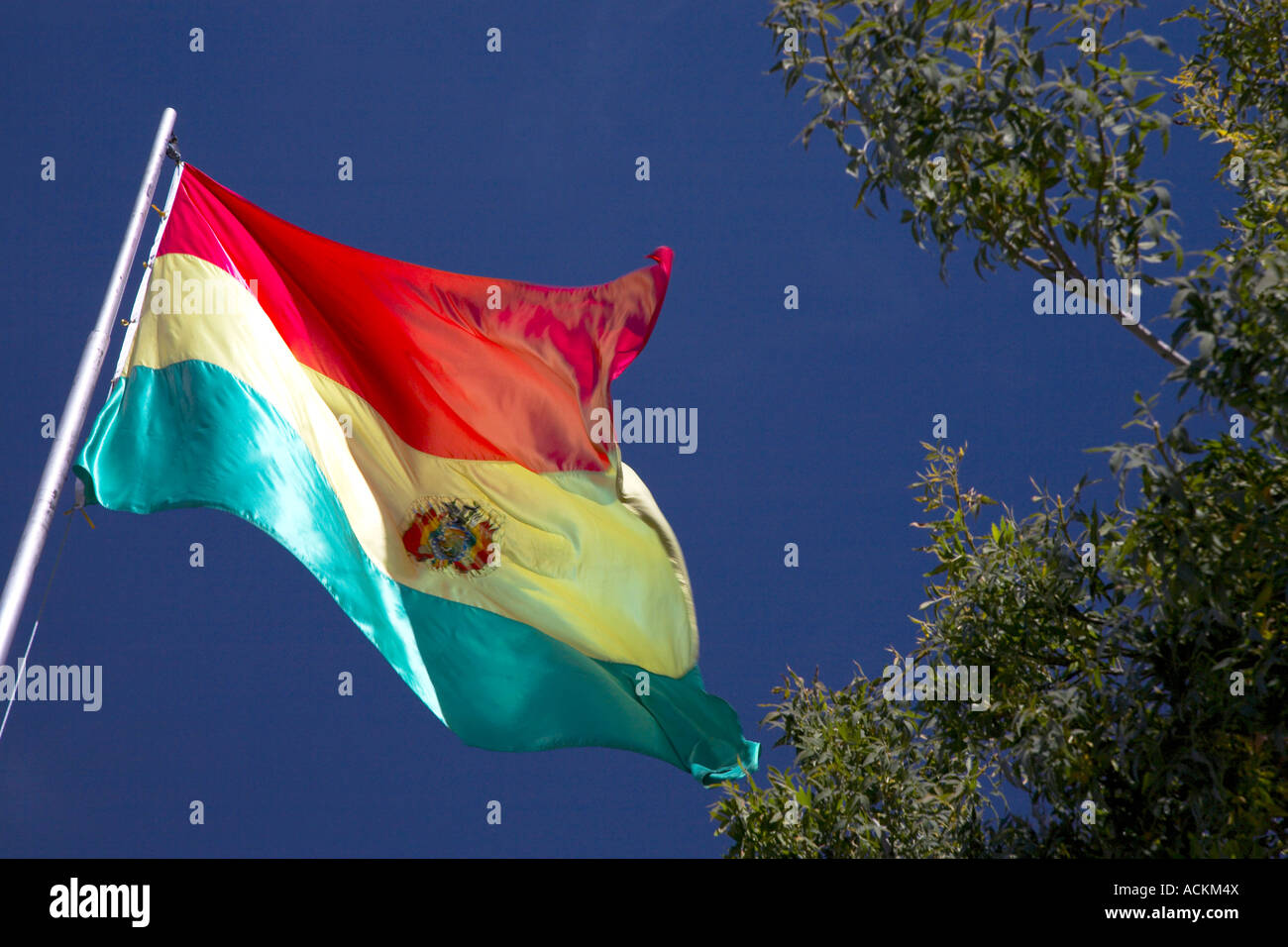 Bolivian flag wit blue sky, Bolivia Stock Photo