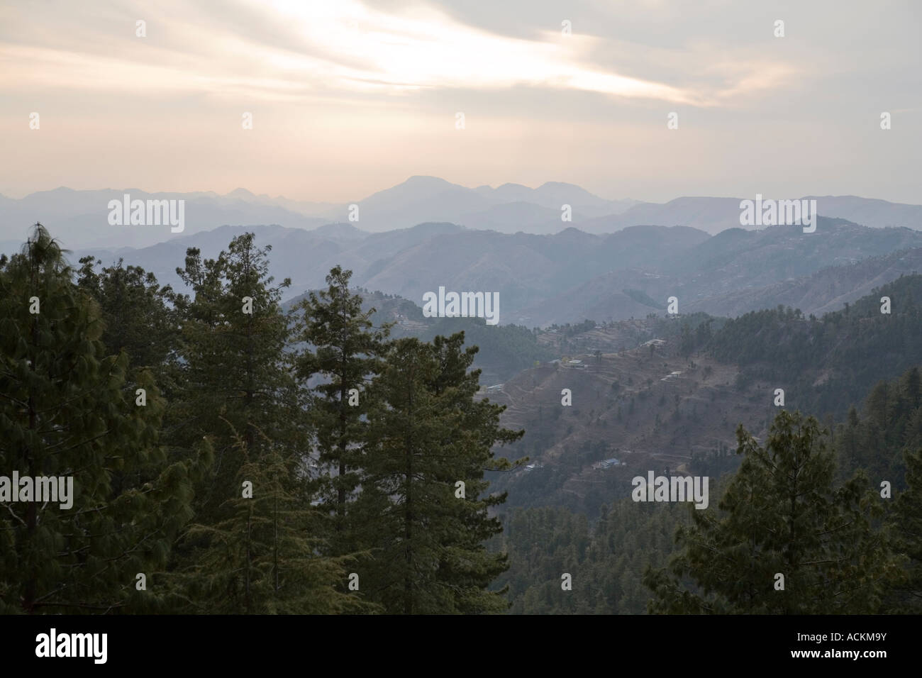 mountainous landscape looking down the Murree valley in northern Pakistan Stock Photo