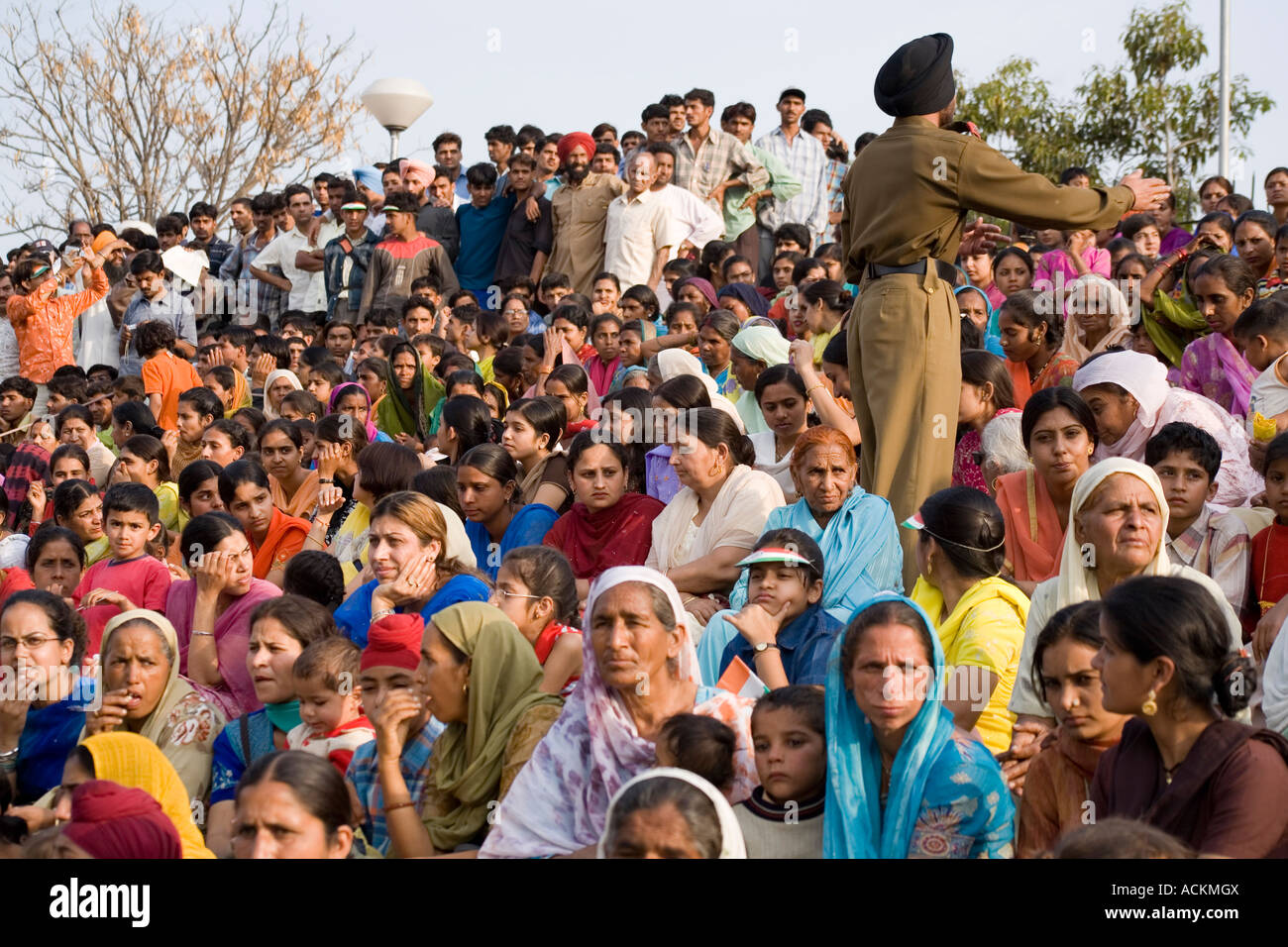 Segregated male and female Indian audience at the Wagah Gate waiting to watch the daily Border Closing ceremony. Stock Photo