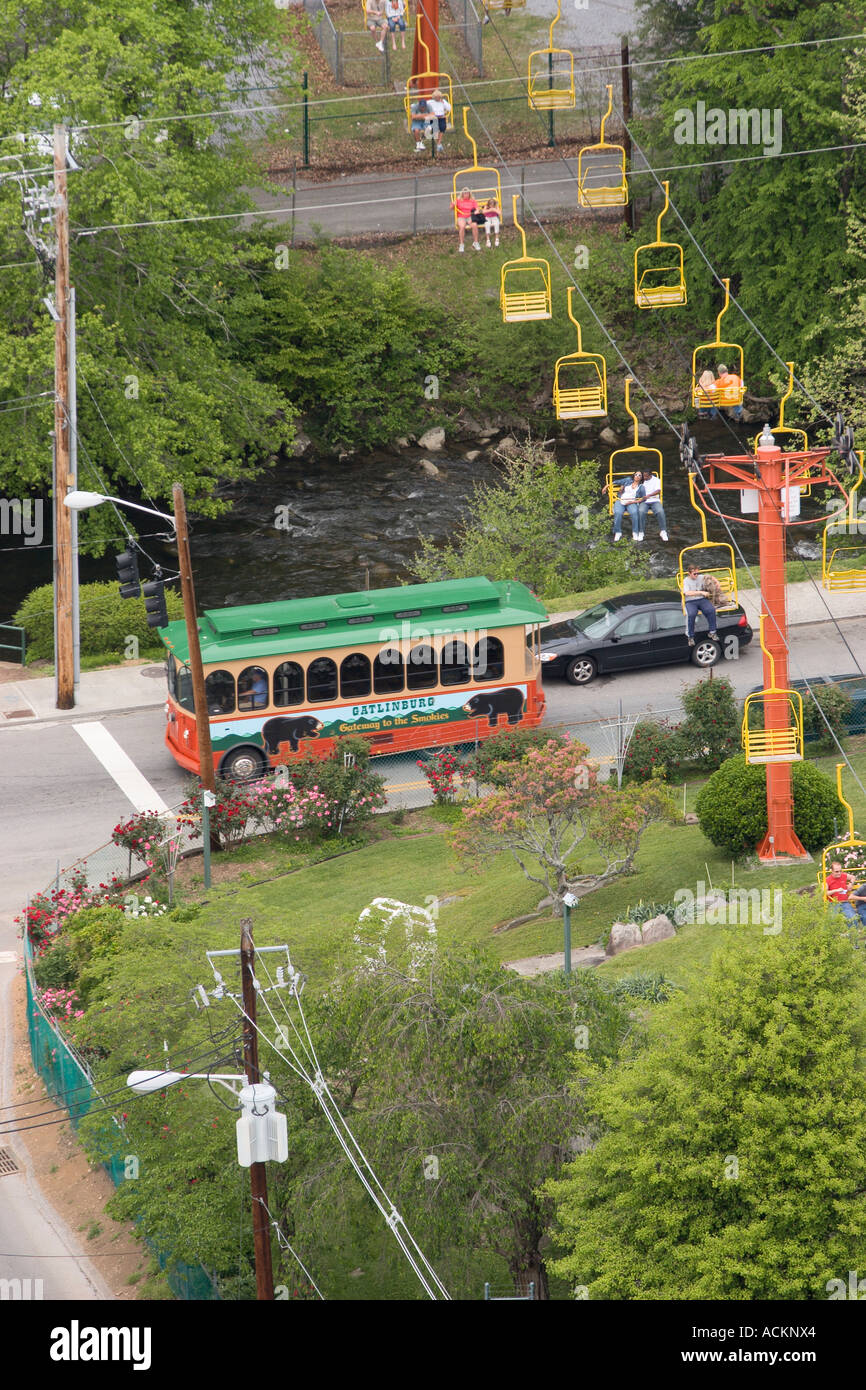Trolley used for public transportation at intersection of streets under