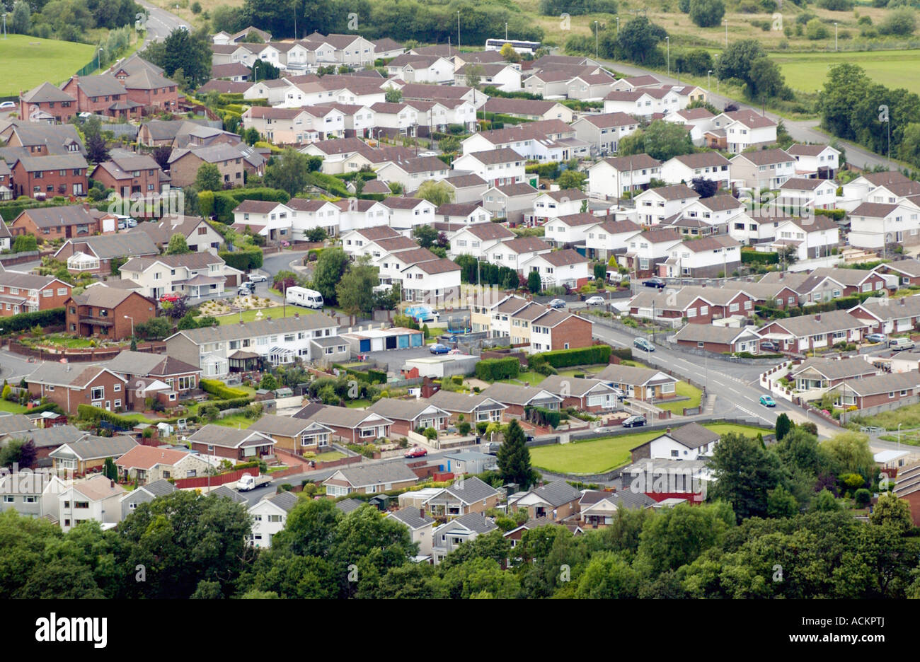 View over homes on modern private housing estate in Aberdare Rhondda