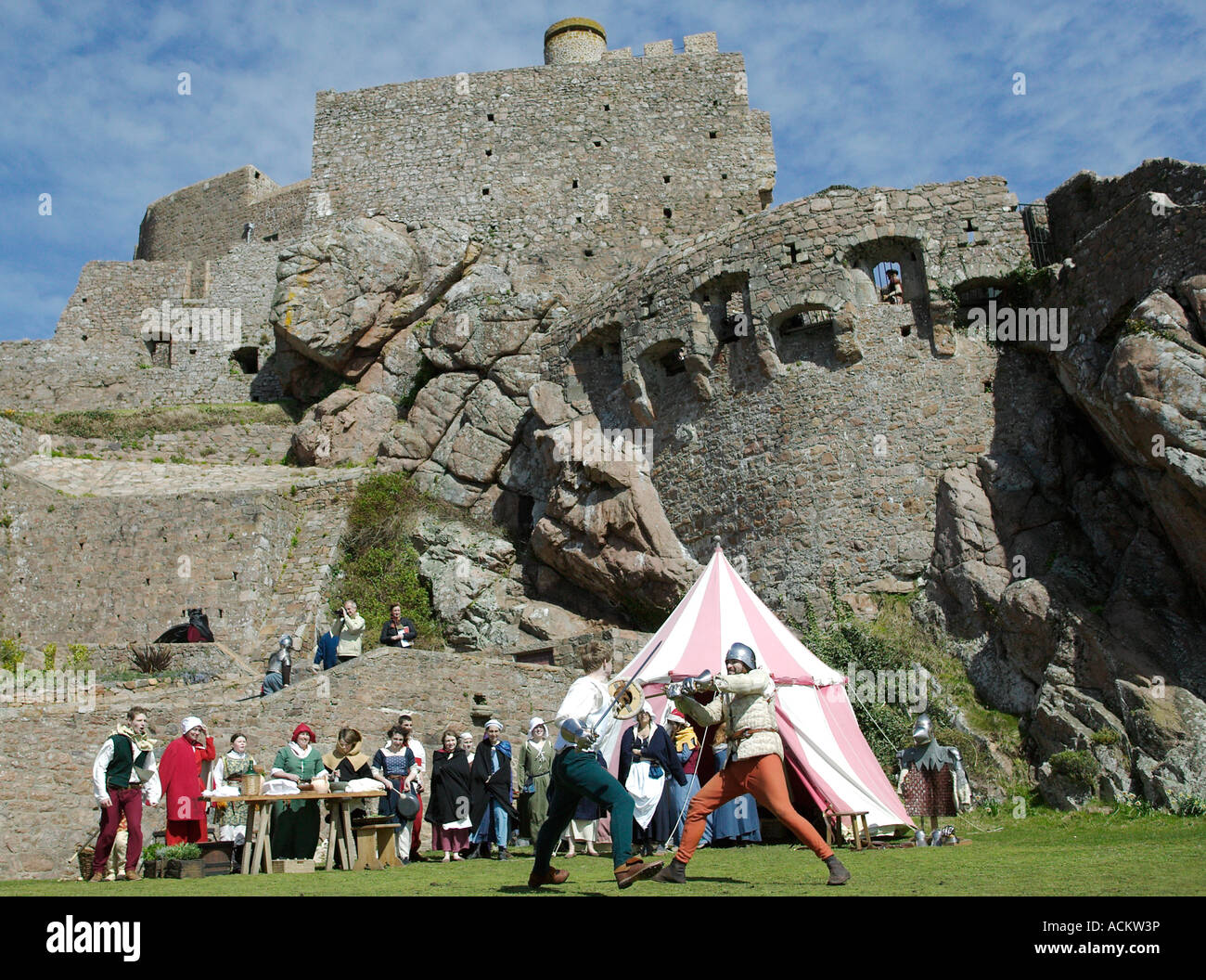 Medieval knights at Mont Orgueil Castle jersey channel islands Stock Photo