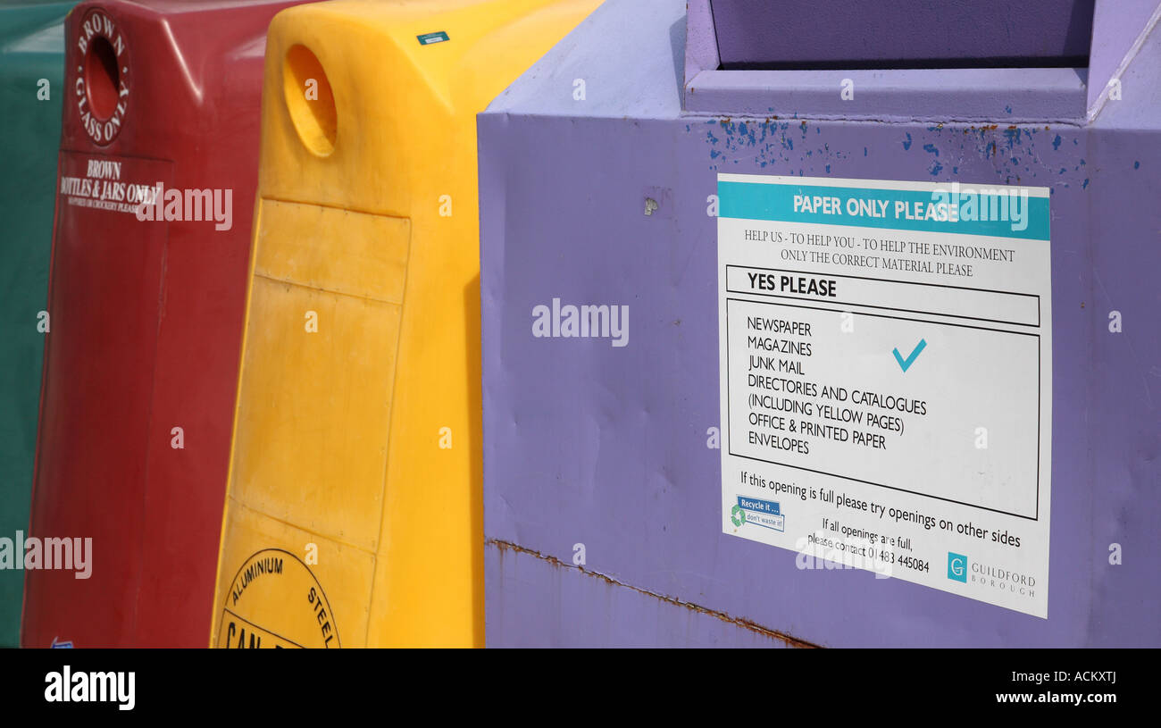 Recycling collection bins, Guildford, Surrey, England Stock Photo Alamy