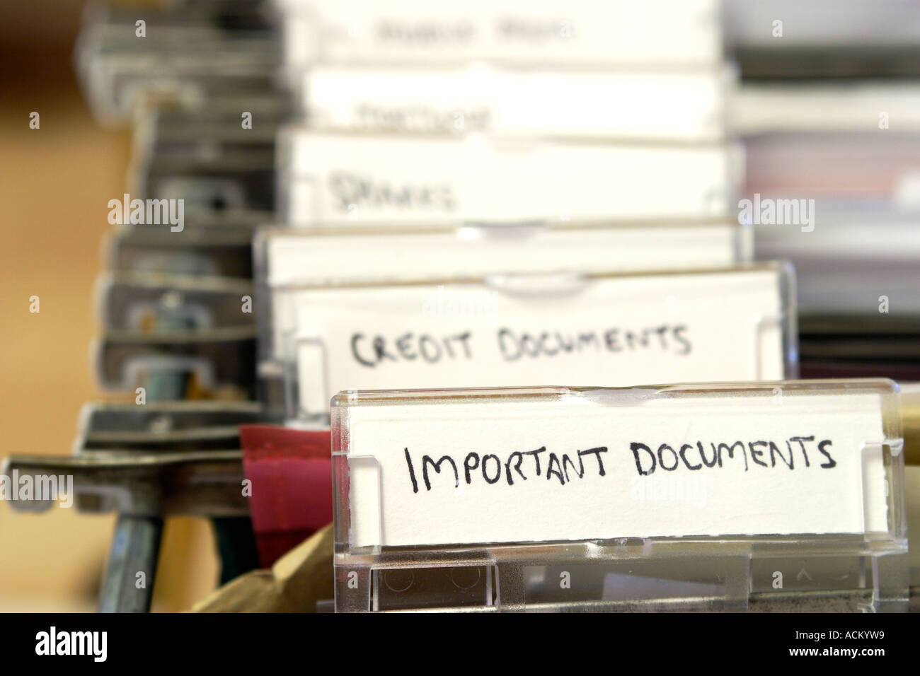 Detail of a filing with tabs labelled for important documents