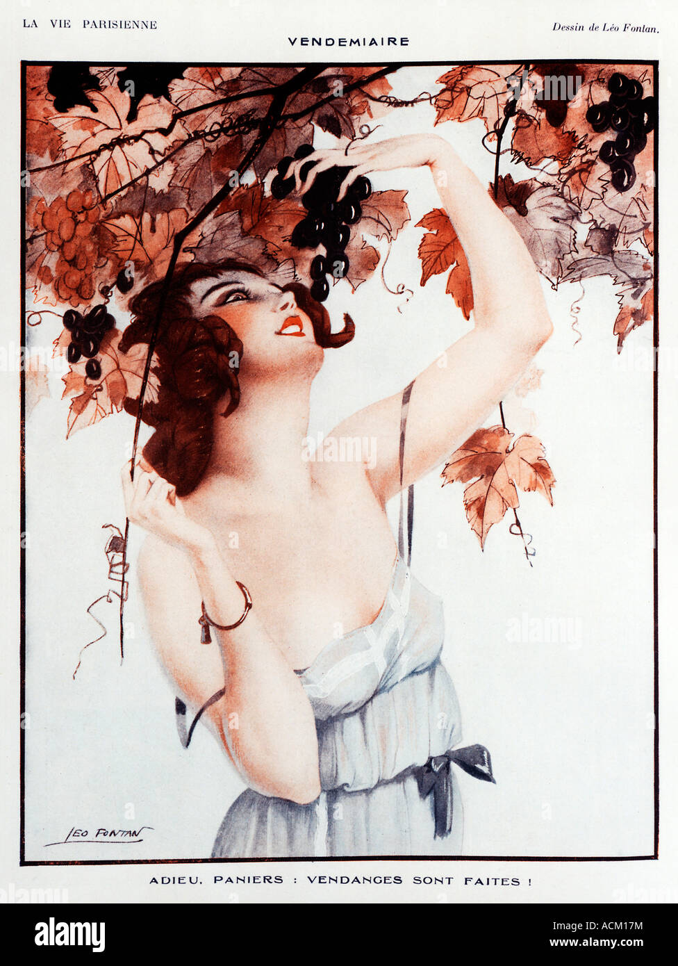 Grape Picking 1920s French illustration from La Vie Parisienne Vendemiare Adieu Paniers Vendages Sont Faites Stock Photo