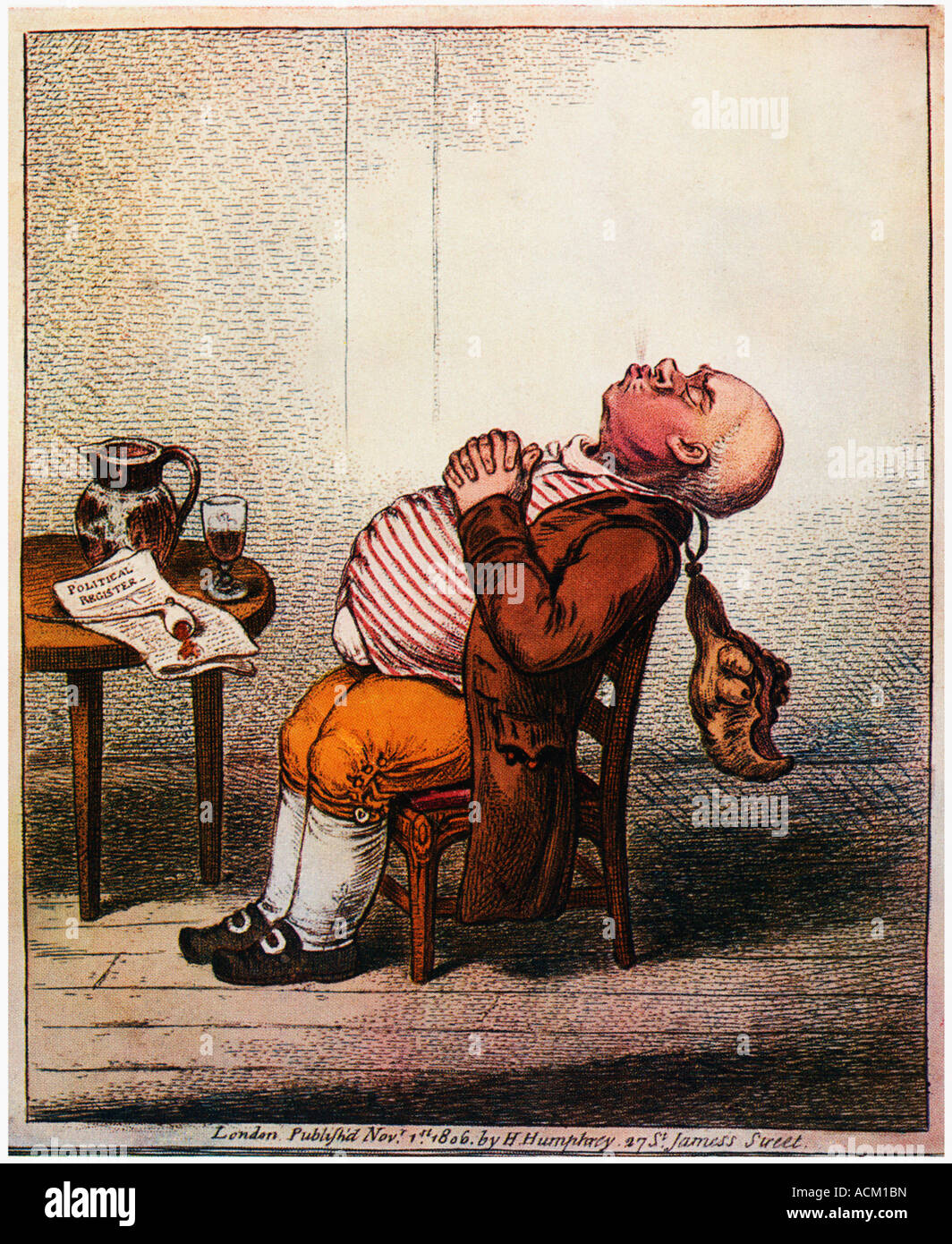 Post Prandial Nap 1806 Gillray cartoon of a chap who has lunched well followed by a reading of the Political Register Stock Photo